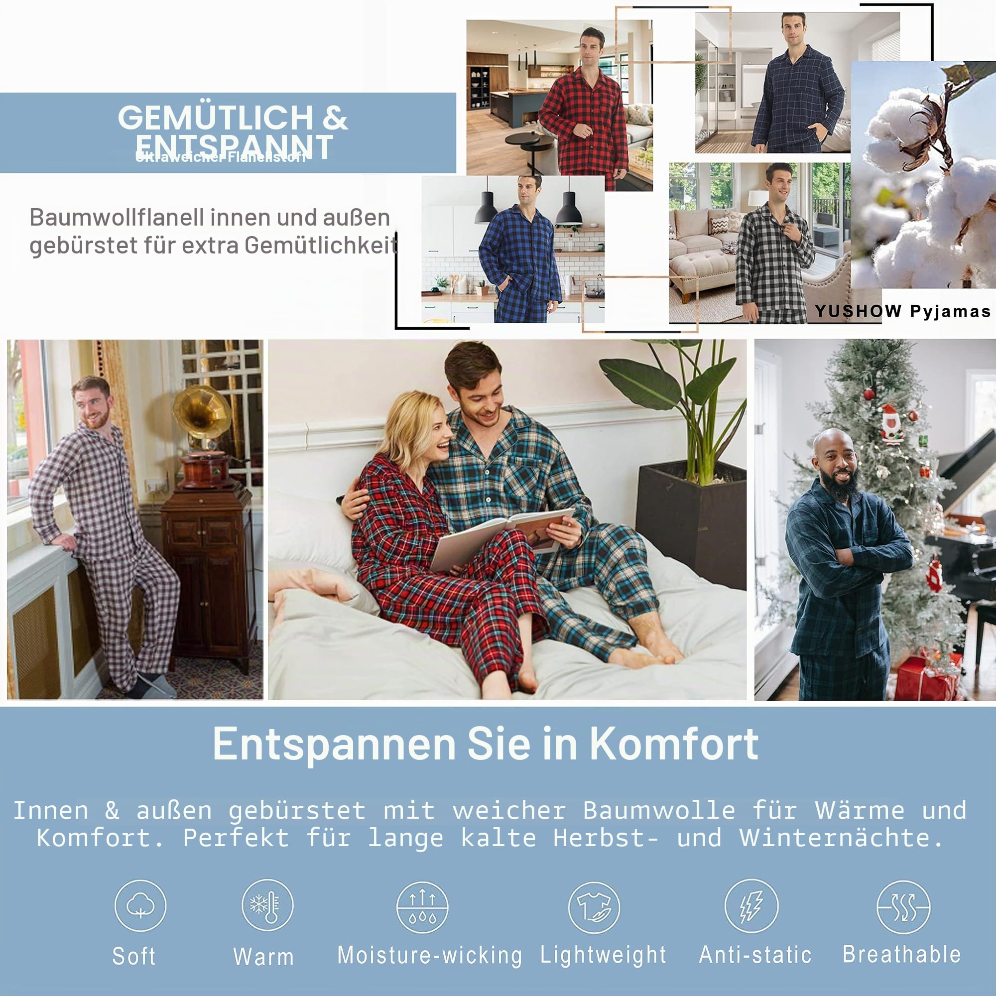 YUSHOW Schlafanzug Herren Lang Zweiteiliger Flanell Baumwolle Winter Karierte Schlafanzüge Ultraweiche Langarm Oberteil Weich Pyjamahose mit Tasche Männer Pyjama Set