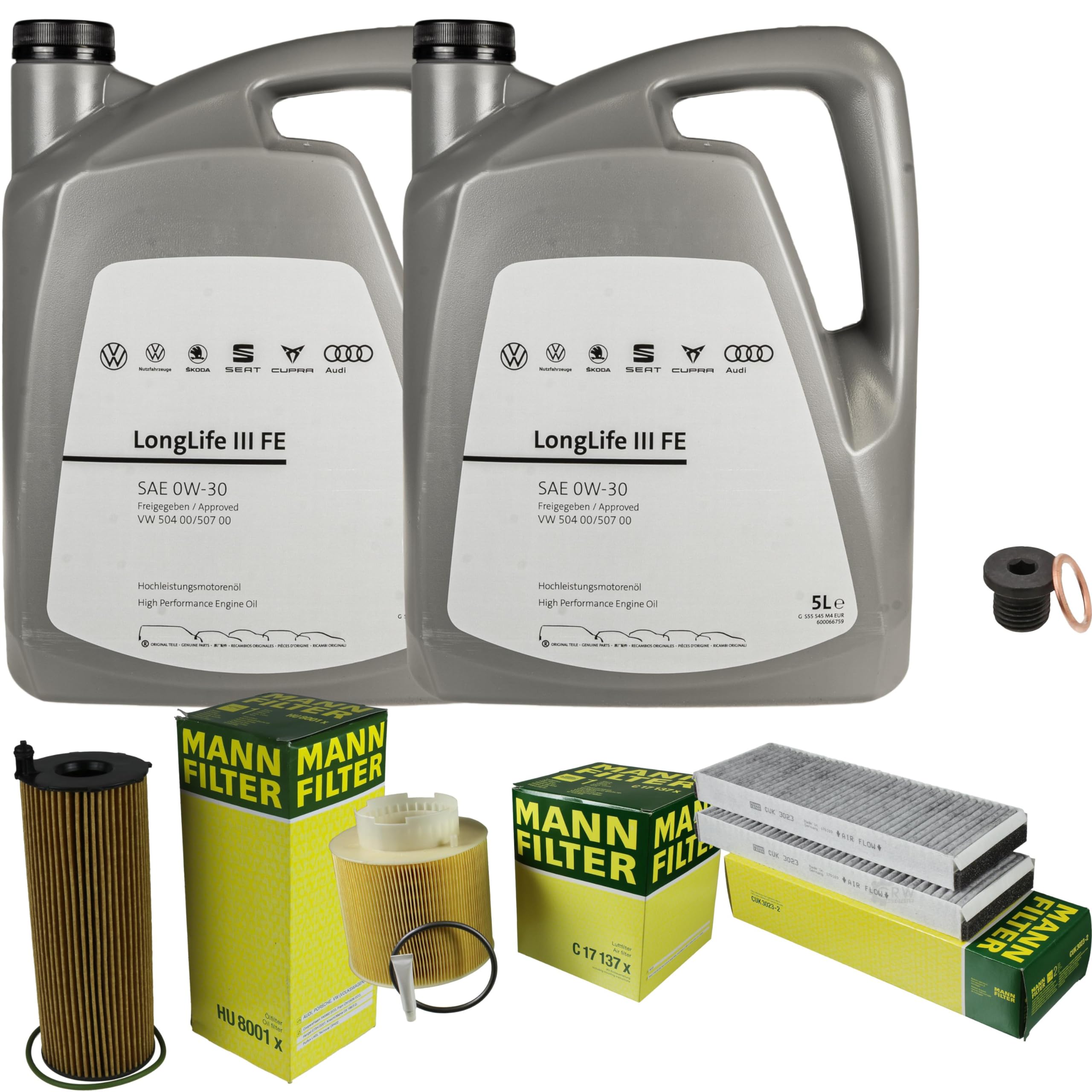 Pacchetto di ispezione pacchetto di manutenzione filtro con 10 l 0W-30 olio motore LongLife 3 FE, filtro dell'olio, filtro dell'aria abitacolo (carbone attivo) vite di scarico dell'olio