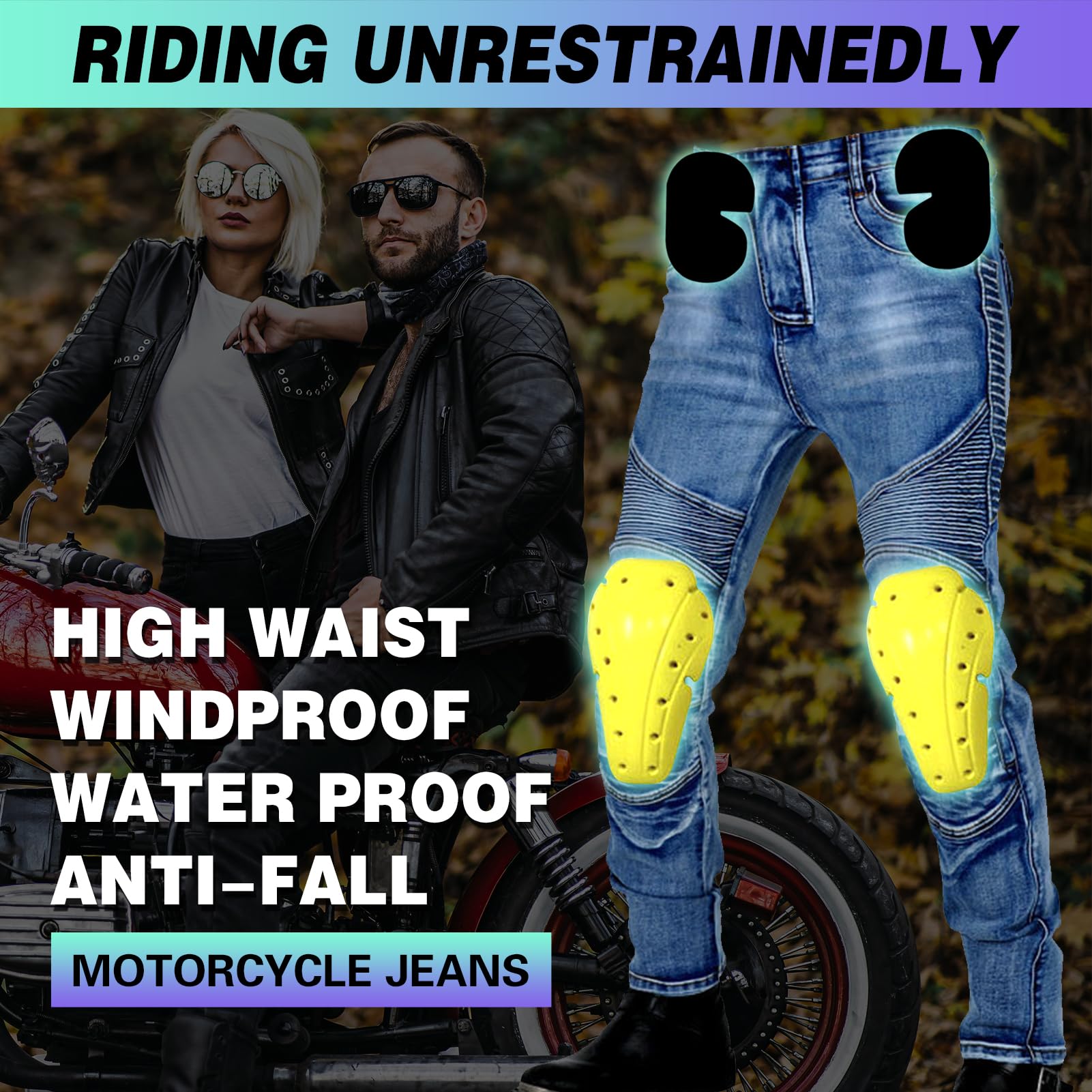 Pantaloni Moto Uomo/Donna con Protezioni, Jeans Moto Uomo/Donna Elasticizzati con Copertura Protettiva di Seconda Generazione, Marchio CE