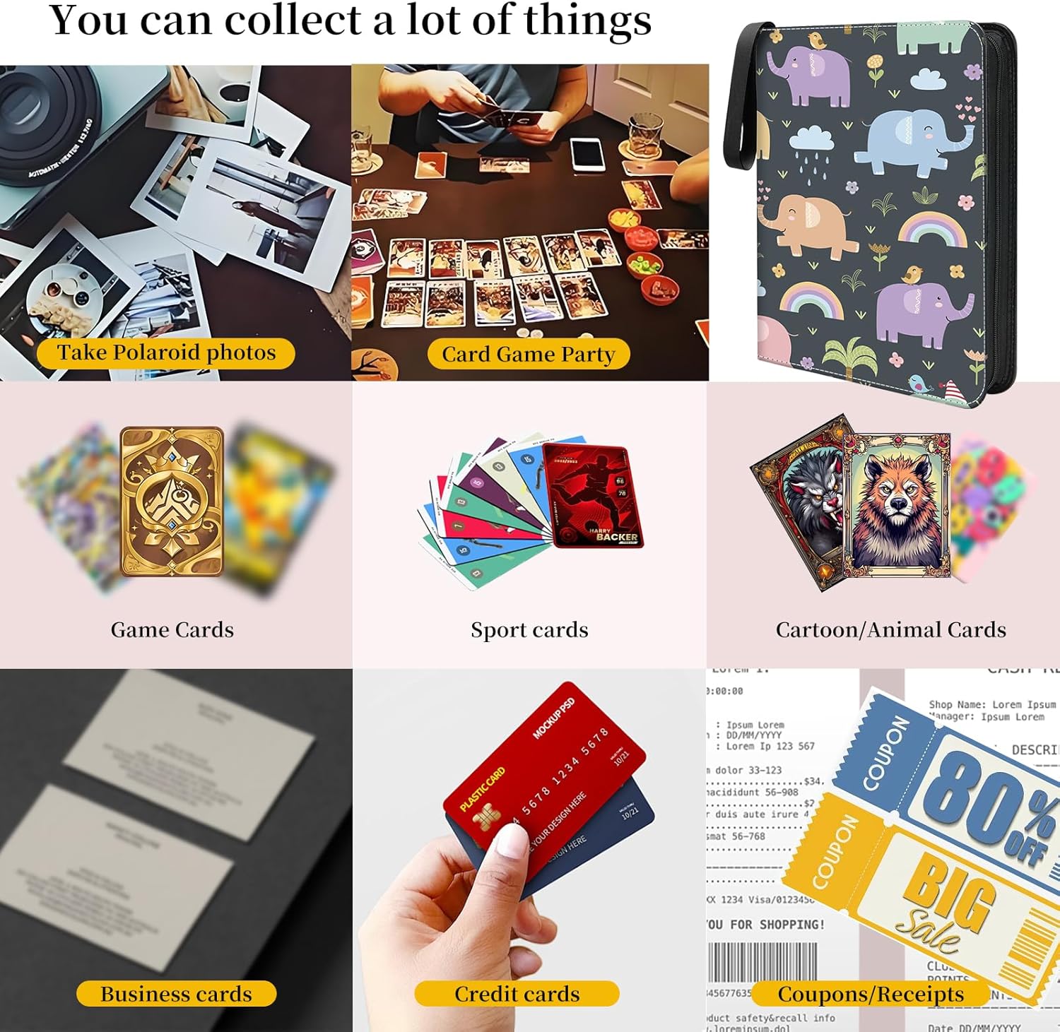 4-Pocket Trading Card Binder with 50 Removable Sleeves - 400-Capacity Zip Storage for MTG, TCG & Sport Cards (Funny elephants）