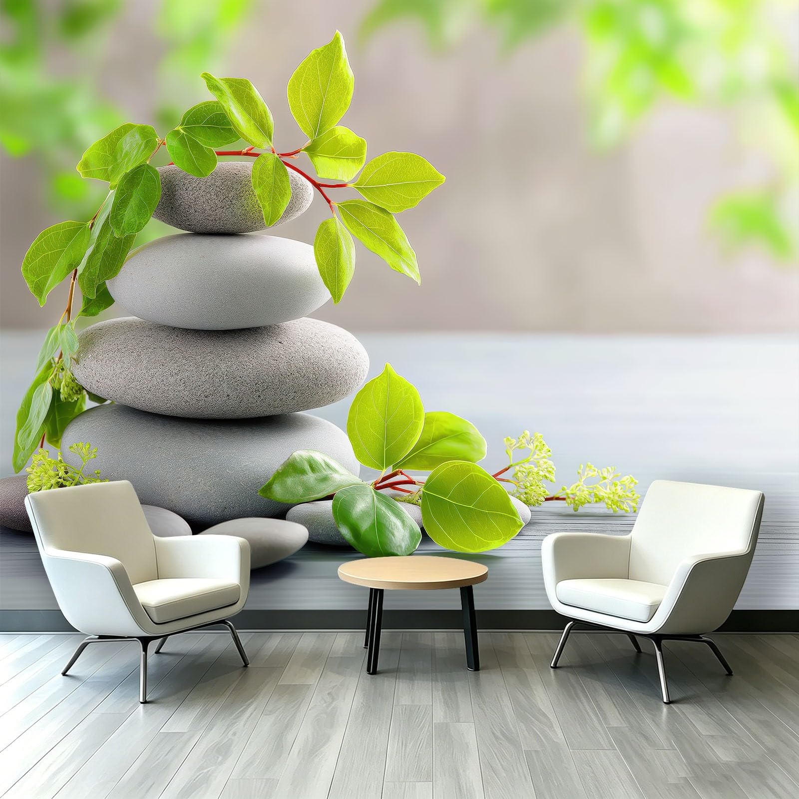 Minimalistyczna kojąca fototapeta, ułożone w stos kamienie, zielone liście, światło słoneczne, tapeta z włókniny, 200 x 140 cm, tapeta ścienna 3D, tapeta ścienna do salonu, kuchni, sypialni i pokoju