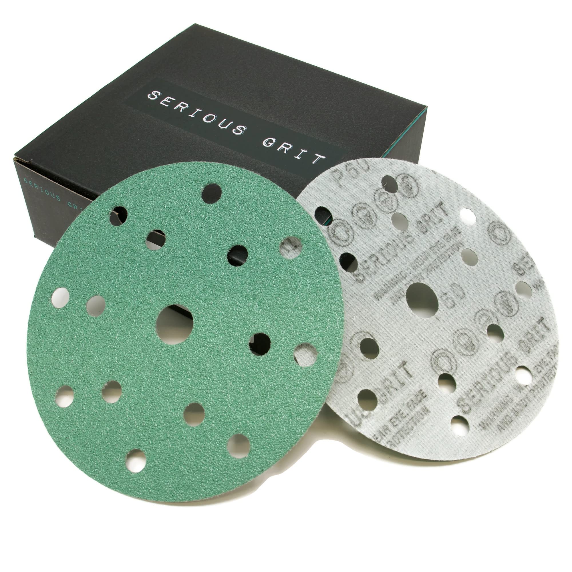 Serious Grit - 6-Inch 15-Hole 60 Grit Sanding Discs - Heavy-Duty Hook & Loop Film Discs - Sandpaper for Random Orbital Sanders - 25 Pack Box