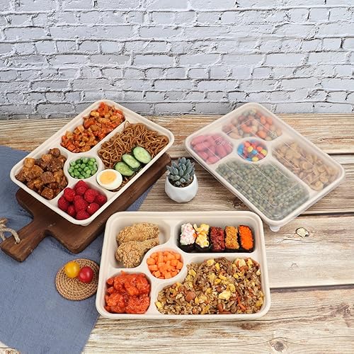 Miniatura 3 de Platos desechables de fibra de caña de azúcar de 40 onzas con tapas, fibras vegetales de bagazo, aptos para congelador, paquete de 25