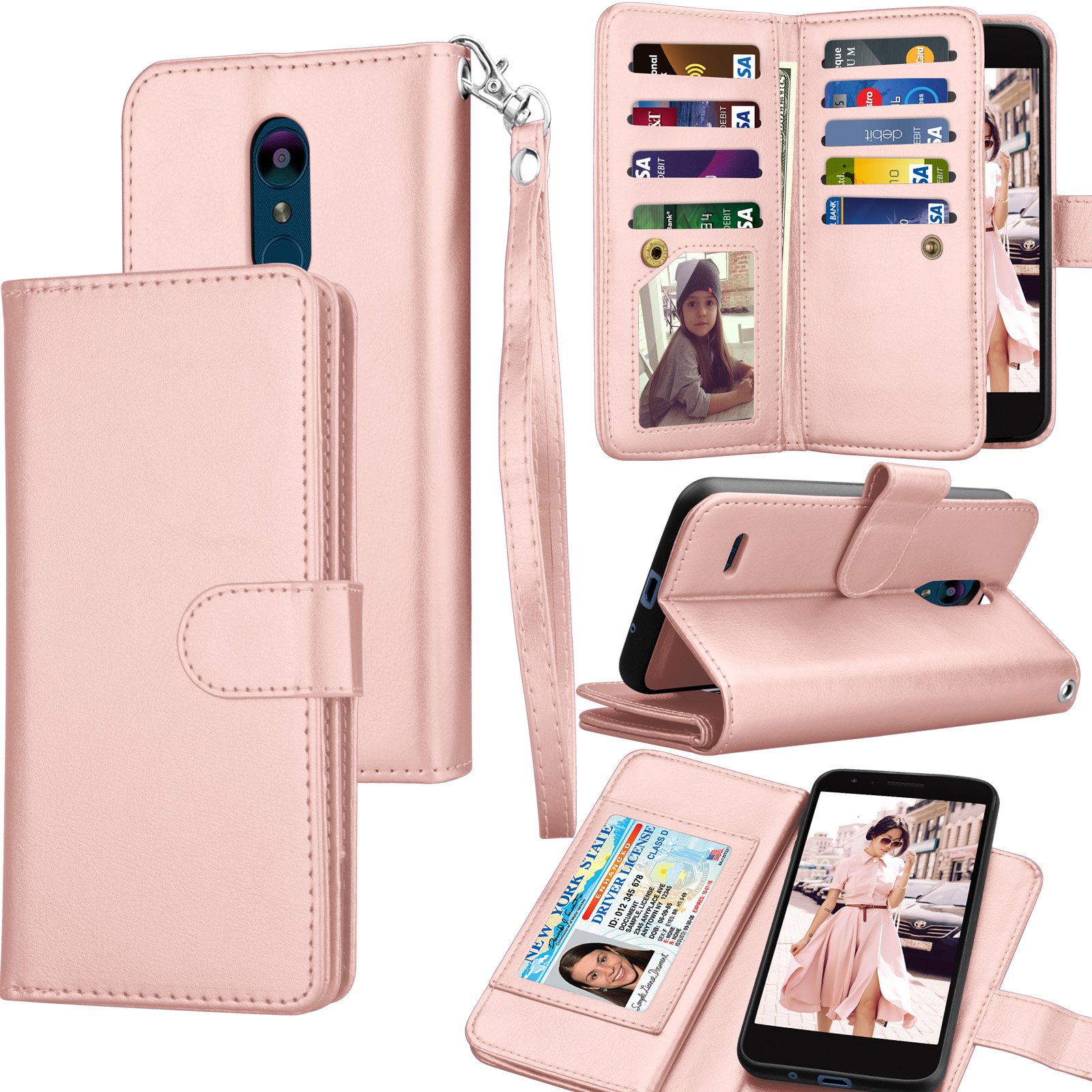 TekcooWallet Case for LG Tribute Dynasty/Empire/Aristo 2 3 / LG Phoenix 4/Fortune 2/Rebel 3 LTE, ID PU Leather Purse Cash Credit Card Holder Carrying Folio Flip Cover [Detachable Case] -Rose Gold
