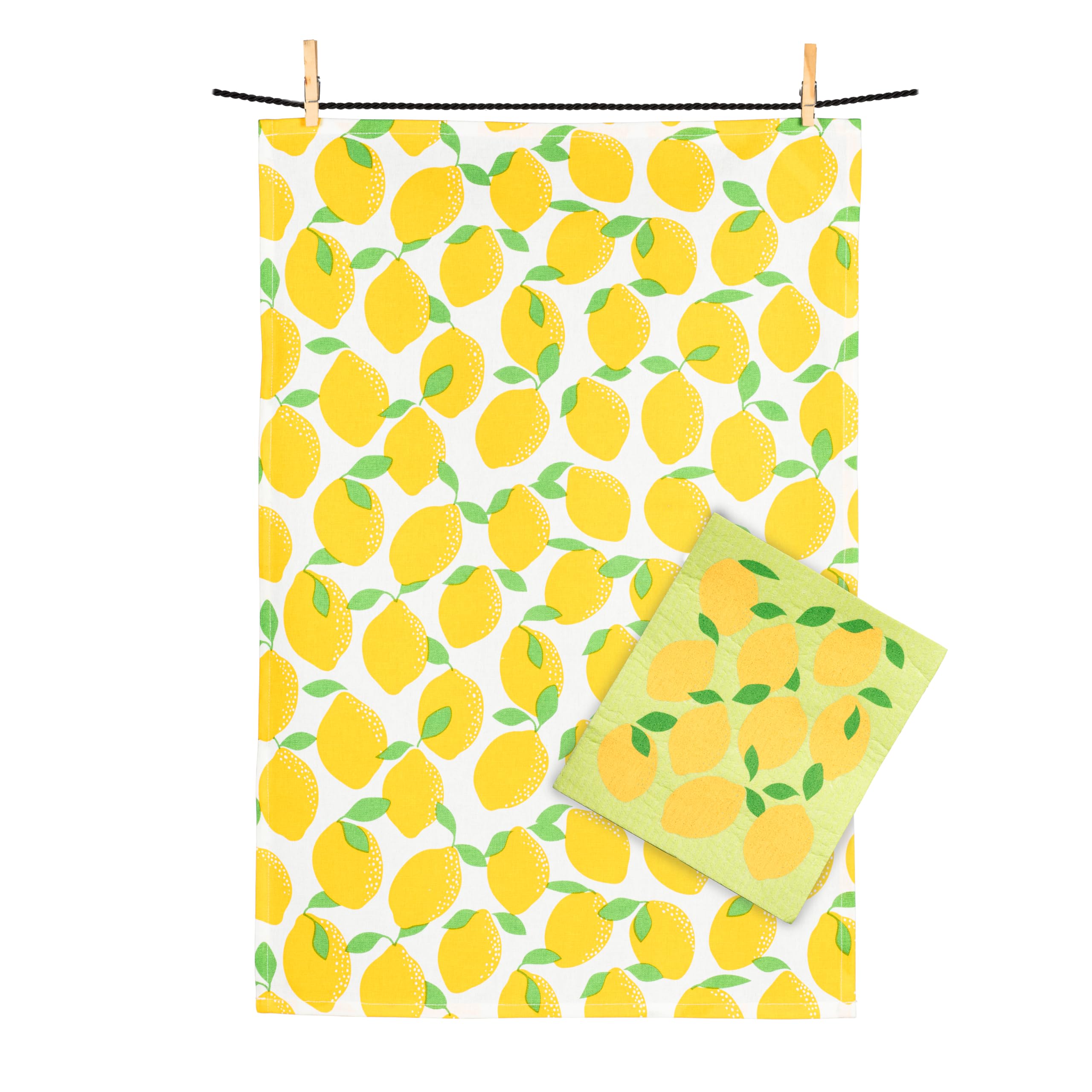 Abbott Collection Yellow/Green Lemons Swedish Dishcloth & Kitchen Tea Towel Set - Cotton/Cellulose,