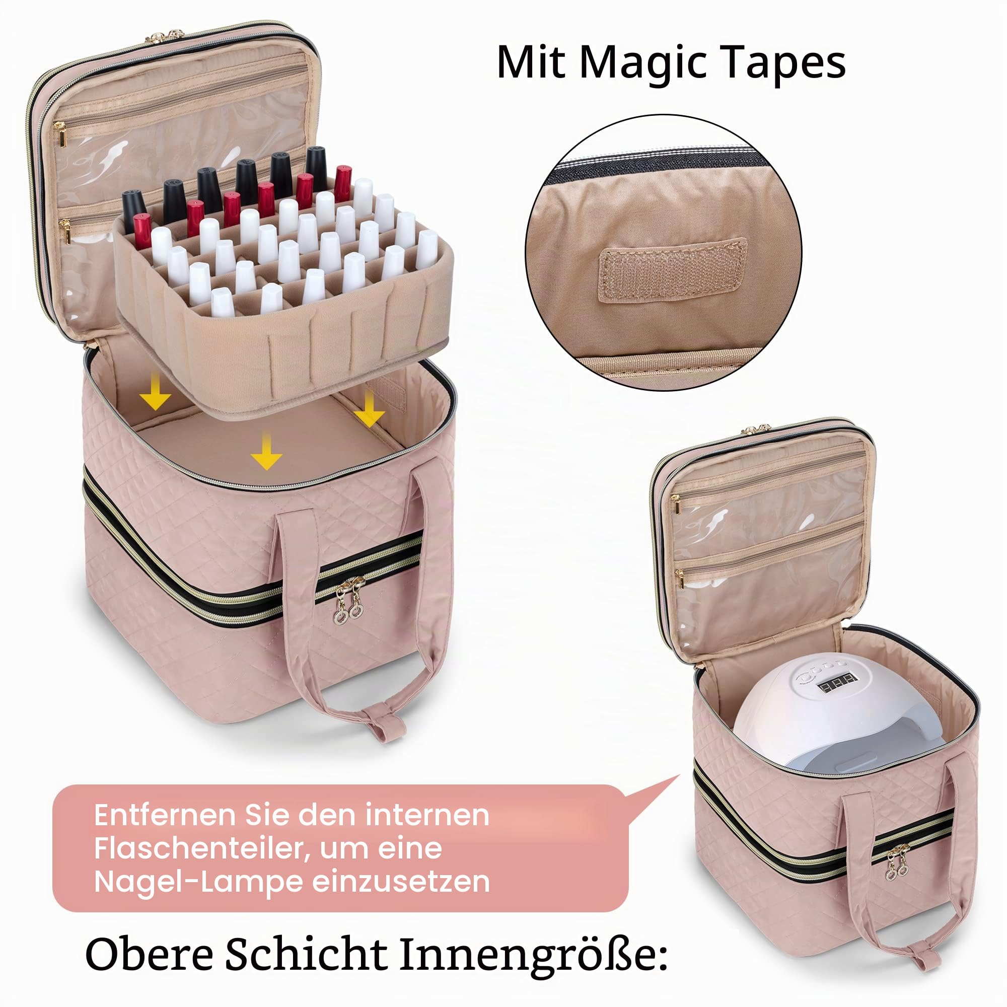 Yarwo Nagellack Aufbewahrung Tasche Kosmetikoffer für 72 Nagellack | Mit Verstellbaren Trennwänden gegen Umkippen, 3 Schichten, Transparenten Taschen und Polsterung für Maniküre und Reise