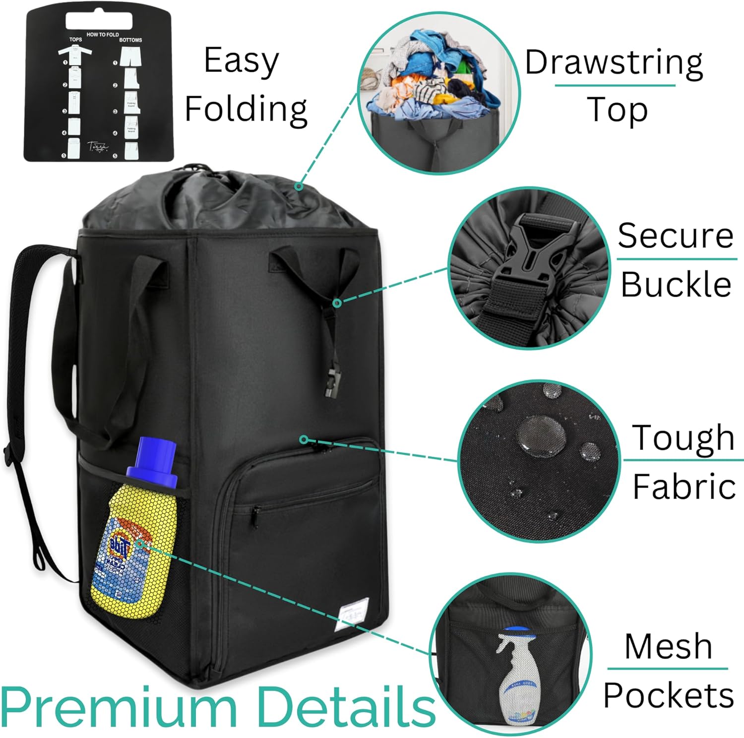 College Essentials Travel Size Laundry Backpack - Portable, Durable, Foldable - Laundry Bag with Pockets for College Dorms - Extra Large Laundry Carrying Bag with Strap (Black)