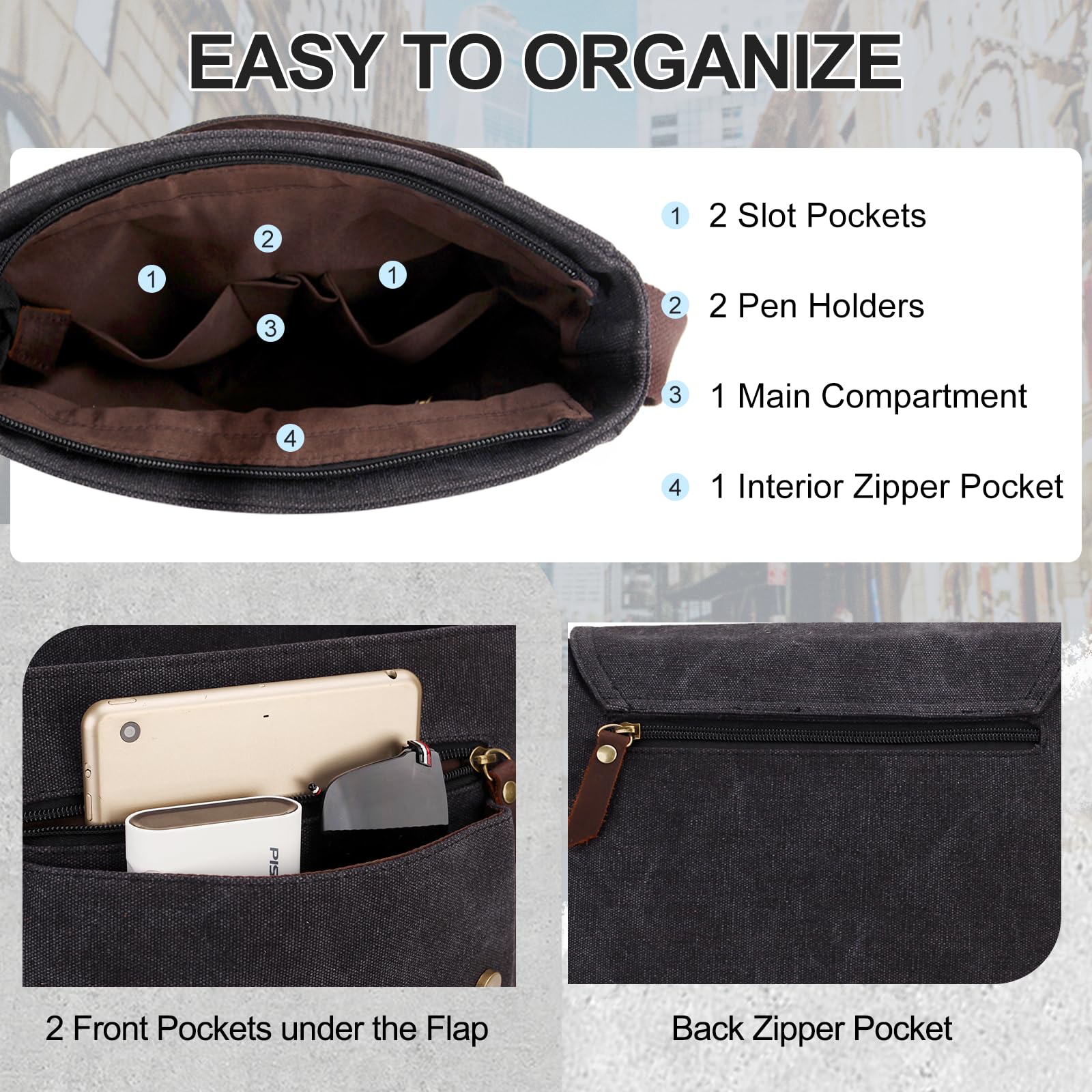 Messenger Bag Klein, Wasserfeste Canvas Umhängetasche Herren Damen, Crossbody Bag für Arbeit Schule Reisen