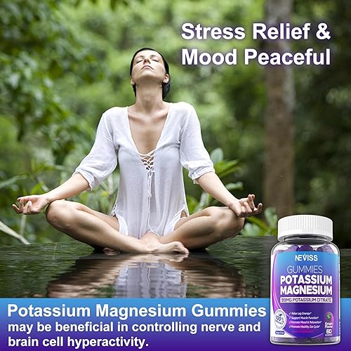 Miniatura 8 de Gomitas de potasio y magnesio para adultos y niños, citrato de potasio sin azúcar, 99 mg con glicinato de magnesio de alta absorción, Ashwagandha,