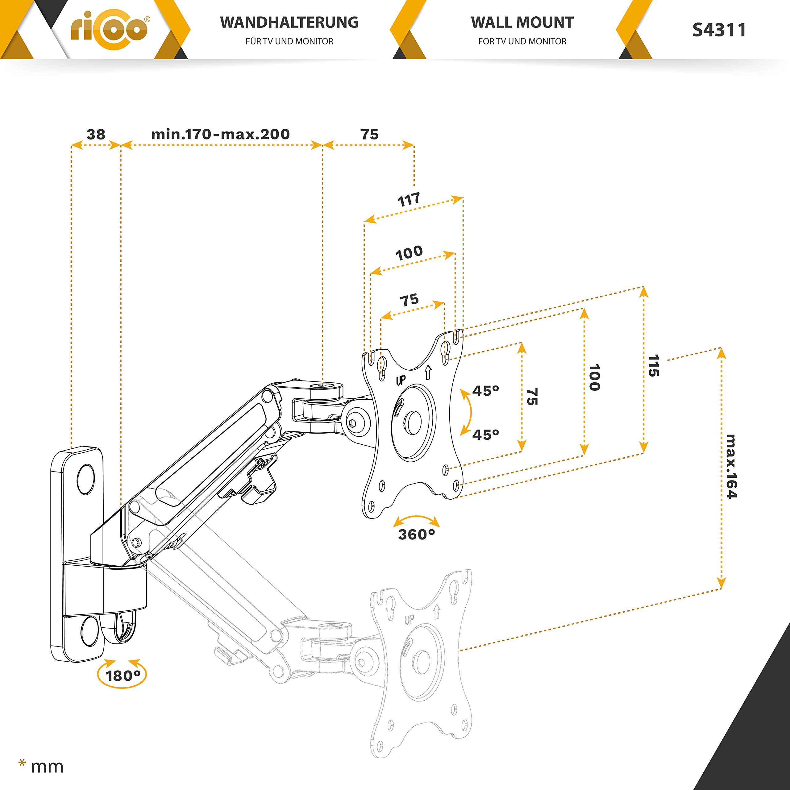 RICOO S4311 Supporto TV da parete Staffa TV 13-27 pollici per 13 27 pollici girevole inclinabile fino a 7 kg max VESA 100x100