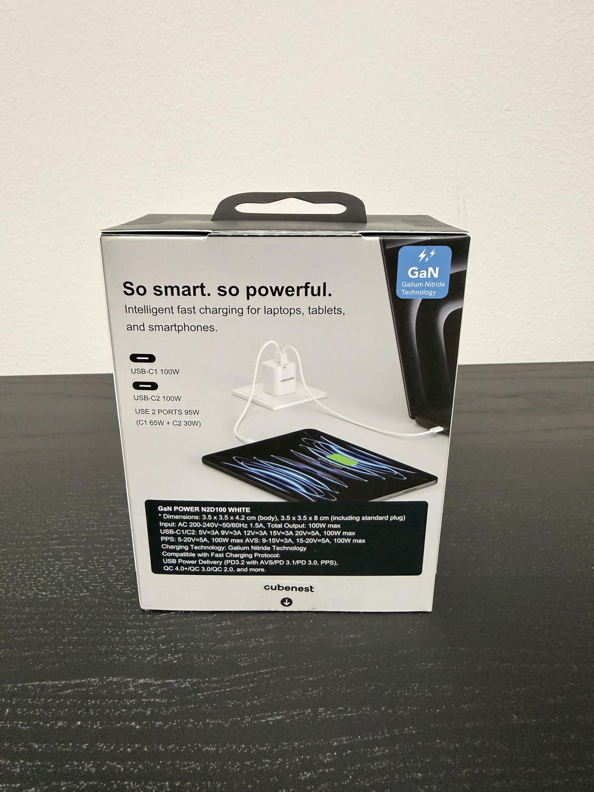 Cubenest N2D100 PD GaN Nano USB-C - Fuente de alimentación (100 W, 2 puertos USB-C, enchufe europeo), color blanco