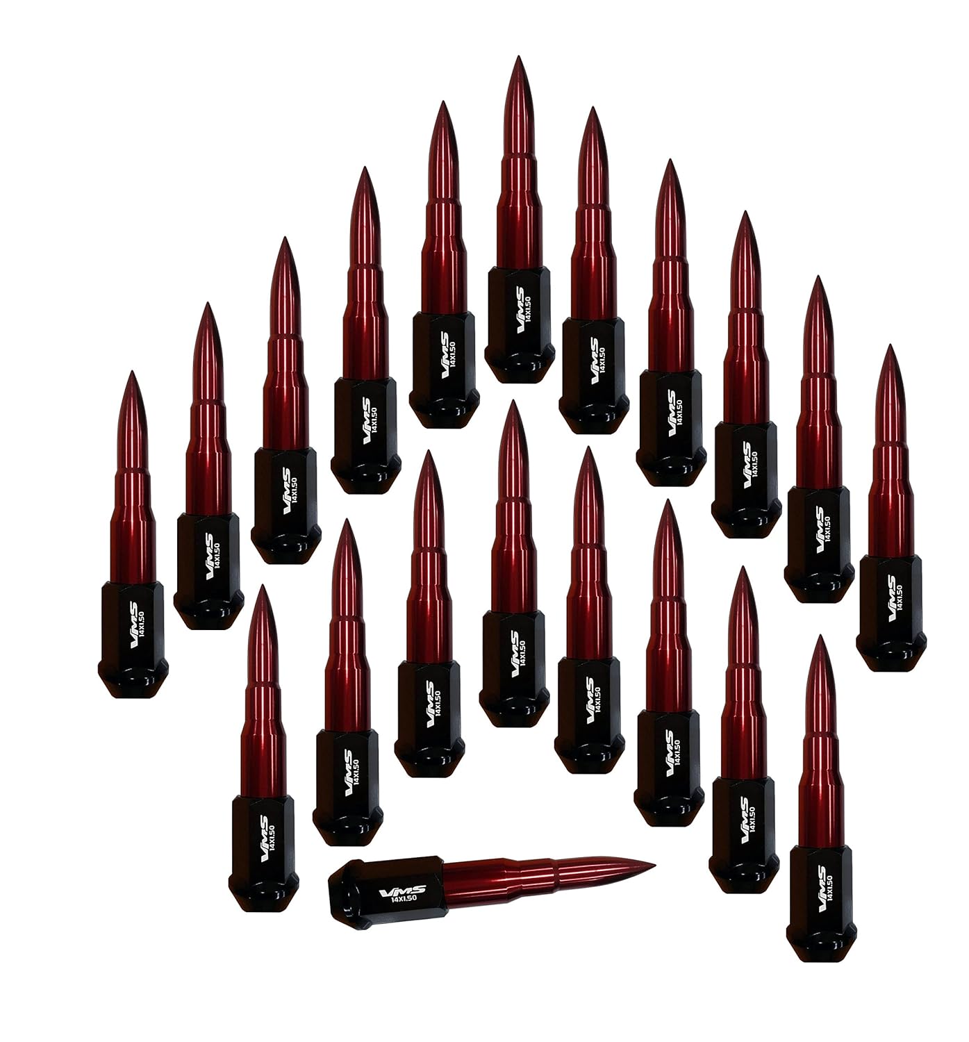 VMS RACING 14x1.5 20PC 112mm Cold Forged Steel Lug Nuts with Red Extended Bullets Tips in Aluminum Compatible with Dodge Charger 06-25 2006-2025 5 Lug Wheel Pattern