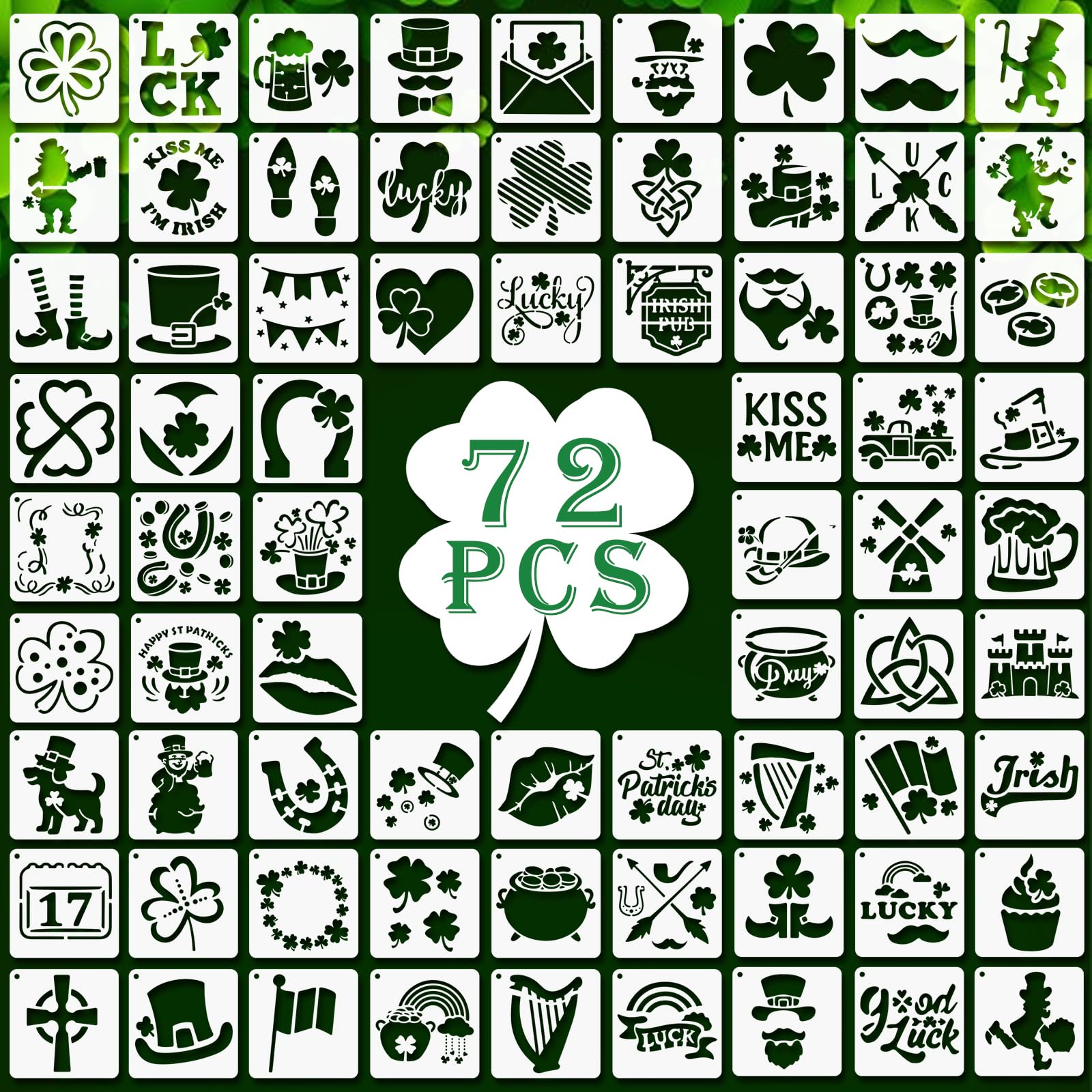 72 PCS 3x3 Inch St. Patrick's Day Stencils for Painting - Shamrock Hats Reusable St. Patrick's Day Painting Templates on Wood, Glass, Fabric, Window Door Decor DIY Decoration