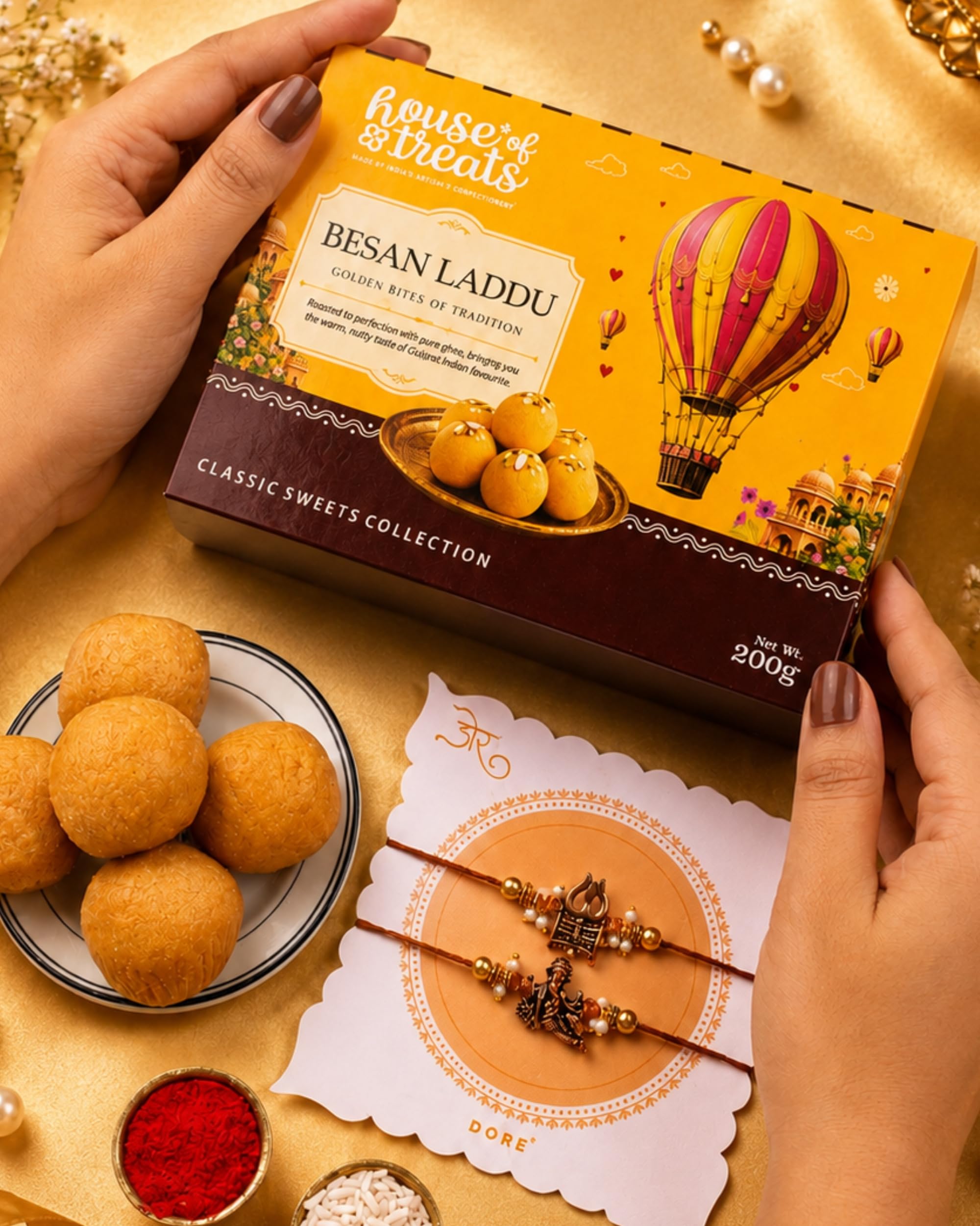 House Of Treats® Rakhi Set Of 2 For Brother 2 Rakhi With Sweets Gift Pack Besan Ladoo 2 Rakhi With Sweets Rakhi For Brother With Sweet Box Rakhi Set Of 2 With Sweets Floral & Ganesh Rakhi Pack Of 2-image-25