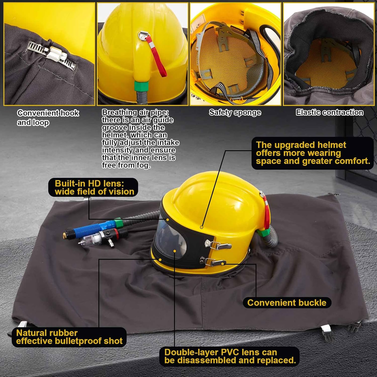 Sandblaster Helmet Set Includ 1 Sandblasting Hood Protector 1 Thermostat and 5 pcs Replacement Outer Lens with Shoulder Protective Sand Blast Hood Protector for Sandblasting Equipped (Yellow) - Image 4