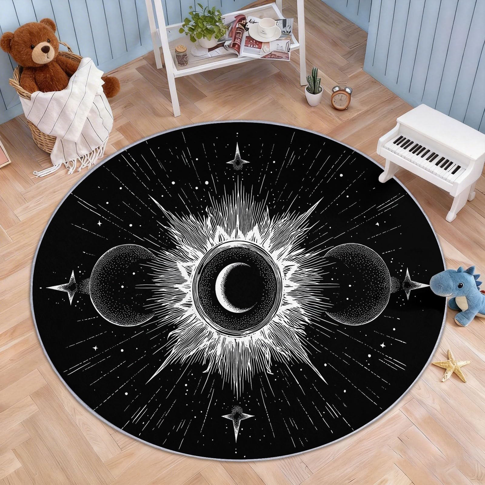 Tapis Rond Salon Lavable, Sonne Galaxie Sterne Nachthimmel Tapis de Sol Décoration Antidérapant pour Salon Chambre Cuisine Balcon Chambre D'enfant Terrasse, 200 cm Soleil Galaxie Étoiles Ciel Nocturne