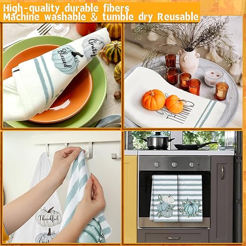 Miniatura 7 de Peryiter 4 toallas de cocina de Acción de Gracias de 16 x 24 pulgadas, toallas de mano de calabaza otoñal para baño, paño absorbente de secado