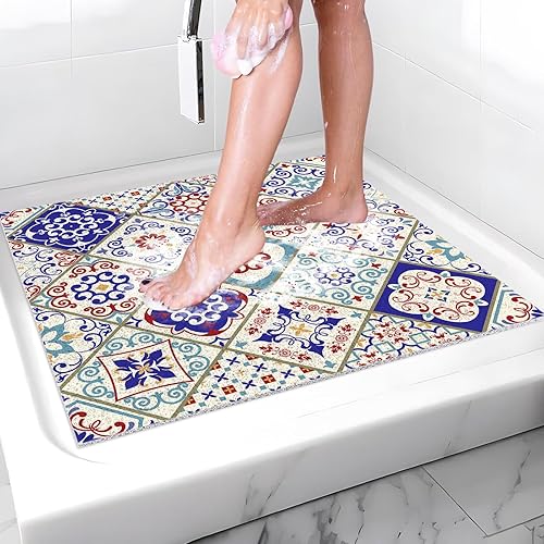 Vista 23 de Tapete de ducha antideslizante para bañera estilo azulejo, sin ventosas, 24 x 16 pulgadas, tapete de baño de masaje de lufa de PVC para ducha, baño