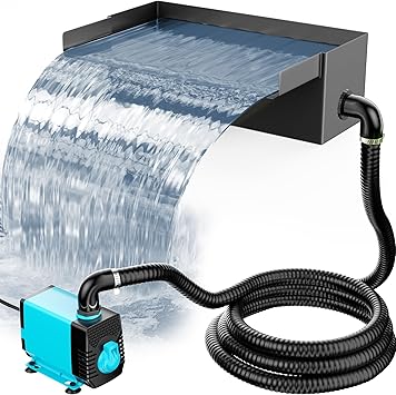 POPOSOAP Pond Waterfall with Pump Kit, 304 Stainless Steel Waterfall Spillway with 40W 660GPH Pump, Pond Spillway with 9.8FT Corrugated Tubing for Garden (12inch)-P43