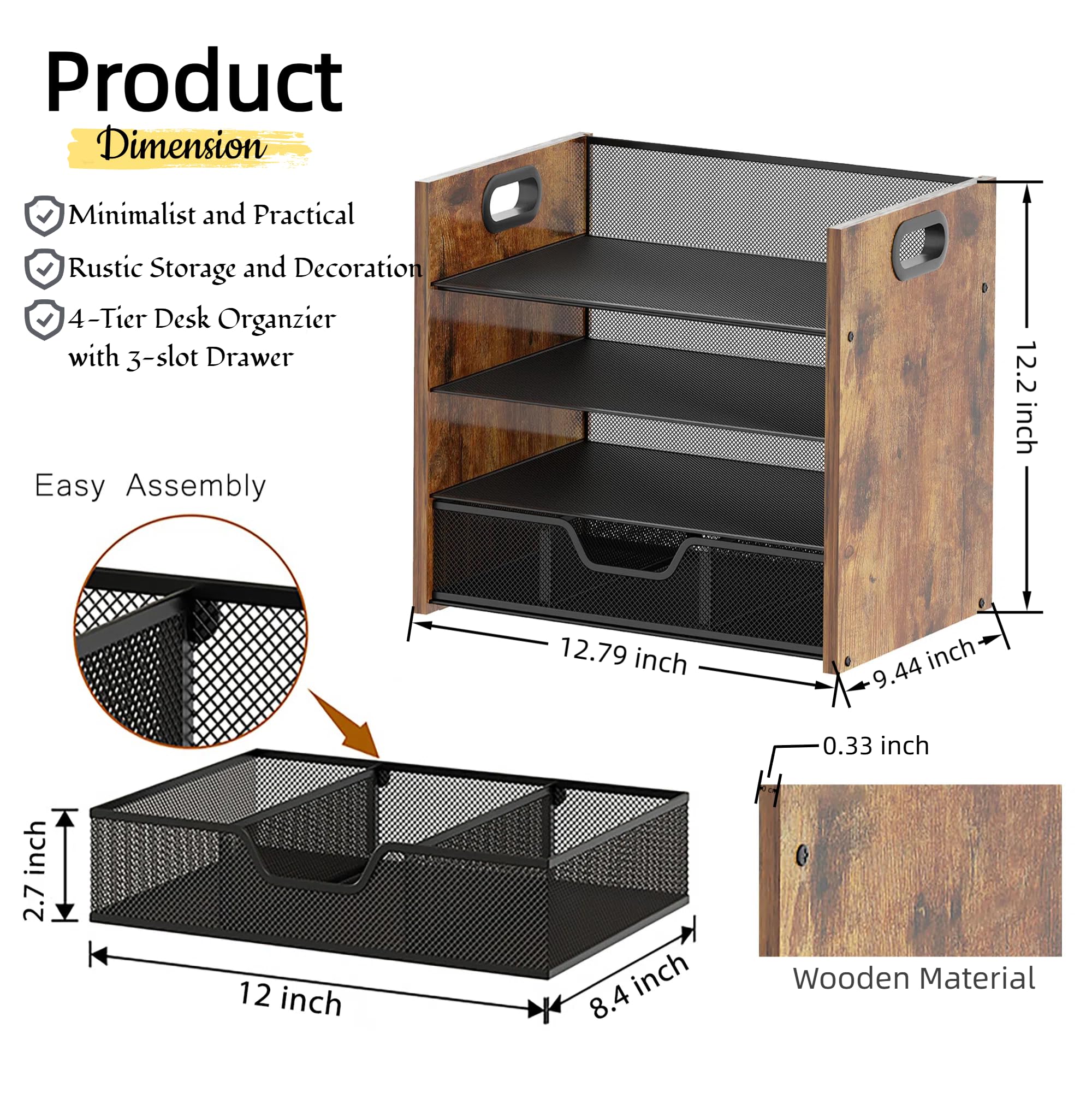 Schreibtisch-Organizer aus Holz – 4-stöckiger Schreibtisch-Organizer mit Schublade, Holz-Papierablage, Büro-Schreibtisch-Organizer für Papiere, Post, Notizbücher, Schreibwaren
