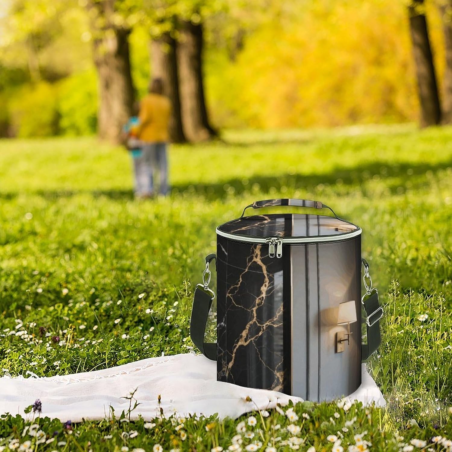 Marble Pattern Lunch Bag 15L, Insulated Picnic Basket with Leakproof Design - Large Cooler Tote for Camping, Beach, Hiking & Groceries