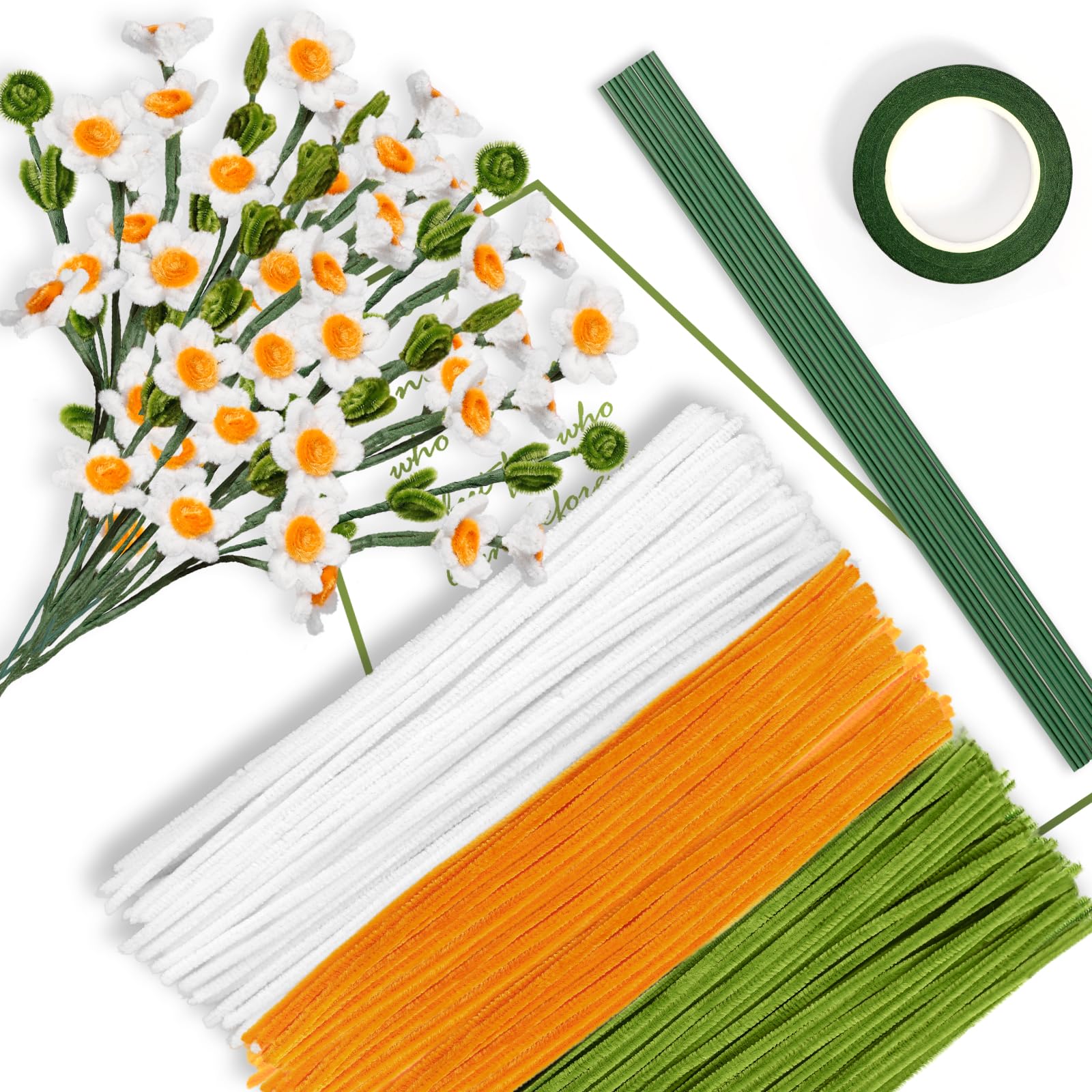 Daisy - Detergente per pipa per bouquet, 300 pezzi, per fai da te, filo di ciniglia, pulitore per pipe, con nastro e bastoncini per fiori, per progetti artigianali (verde, oro, bianco