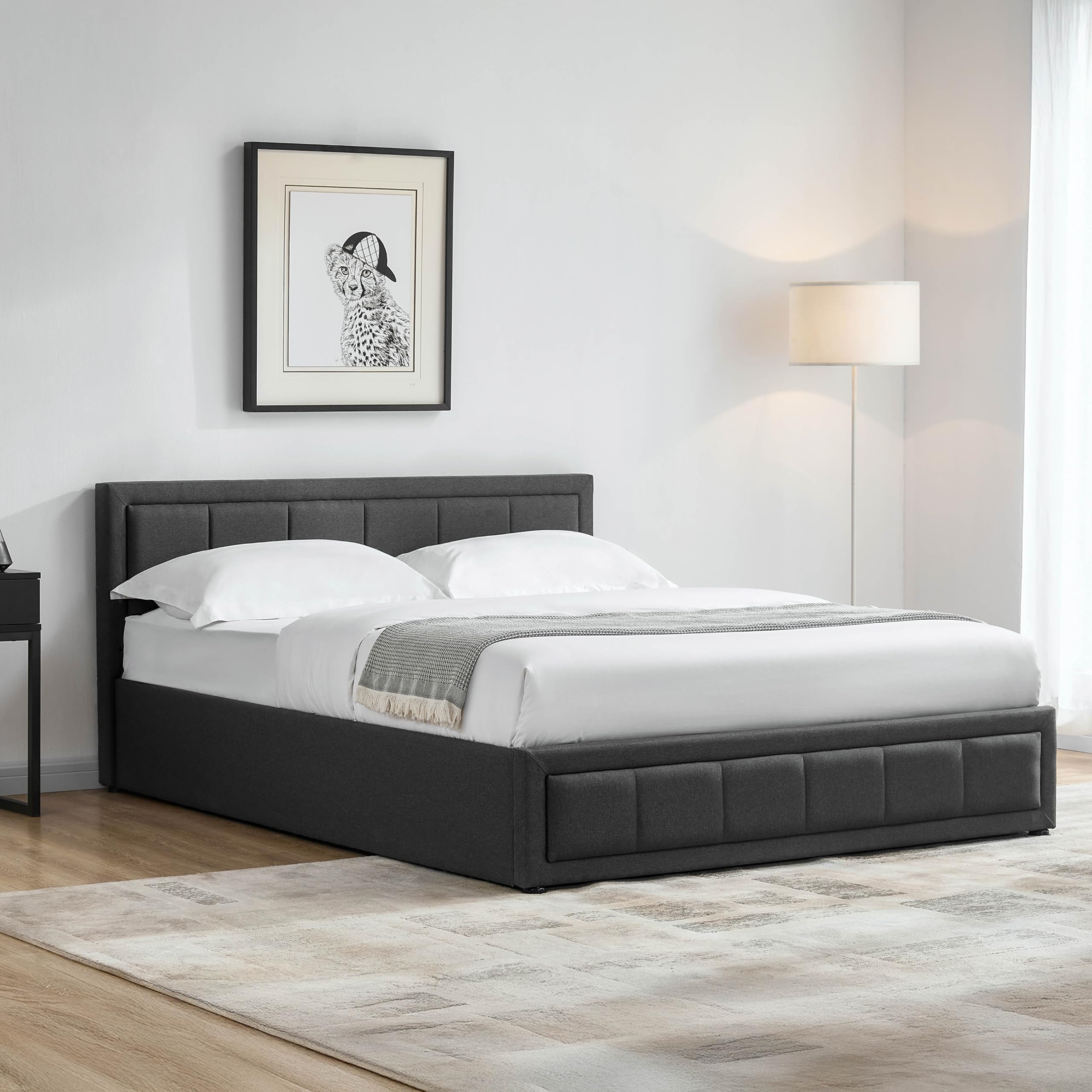 Vida Designs Vanita King Bed Frame | Dark Grey | 88 H x 160 W x 216 D cm | Upholstered Fabric | Cushion Headboard | Easy Assembly | Slat Support | Premium Bedroom Furniture