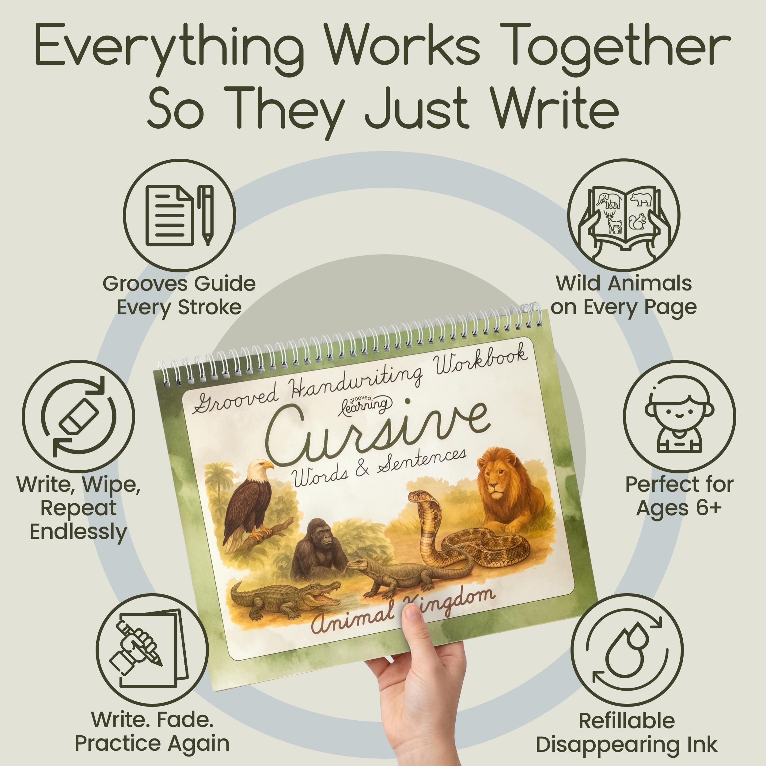 Animal Kingdom Cahier d'exercices cursif rainuré pour enfants de 8 à 12 ans – Graceful By Design – 21,6 x 27,9 cm – Pratique d'écriture rainurée pour enfants avec 4 stylos à encre magique, recharges