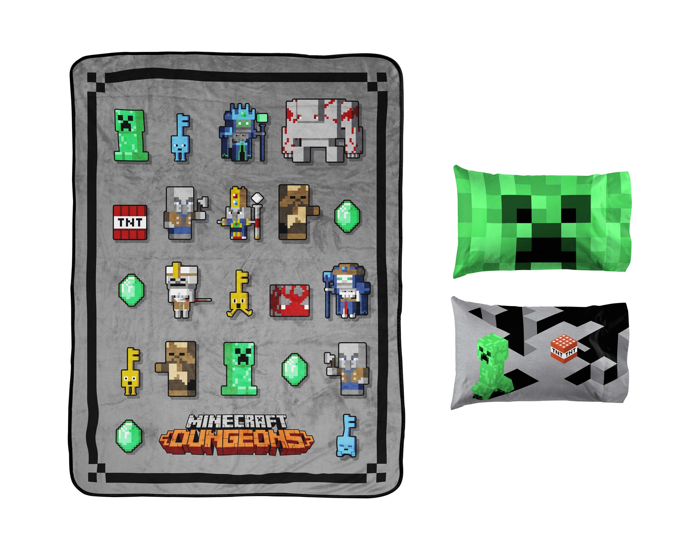 Jay Franco Minecraft Dungeon Mobs Throw Blanket 3-Piece Bundle-Includes Throw, Pillowcases