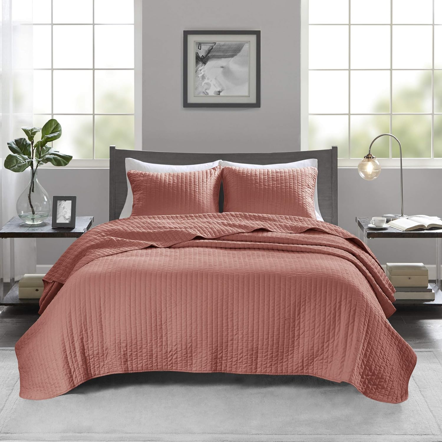 Promo Discount Up To 70% Off Madison Park Keaton Quilt Set-Casual Channel Stitching Design All Season, Lightweight Coverlet Bedspread Bedding, Shams, Full/Queen(90x90), Stripe Coral 3 Piece
