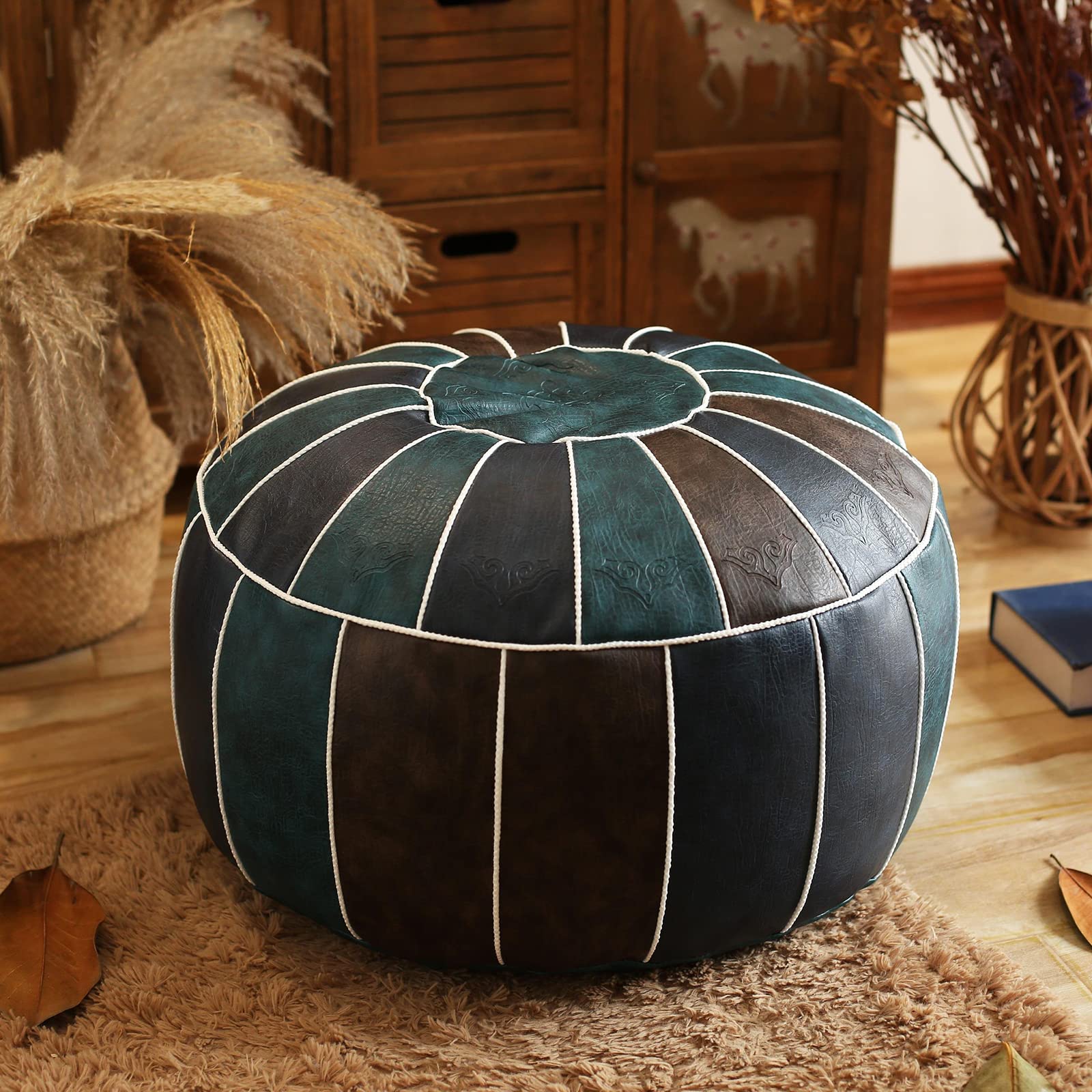 Gccssbxf B Premium Leather Pouf Unstuffed - Authentic Moroccan Pouffe, Stylish Round Ottoman Footrest Cover - Multifunctional Storage Solution For Modern Home Décor