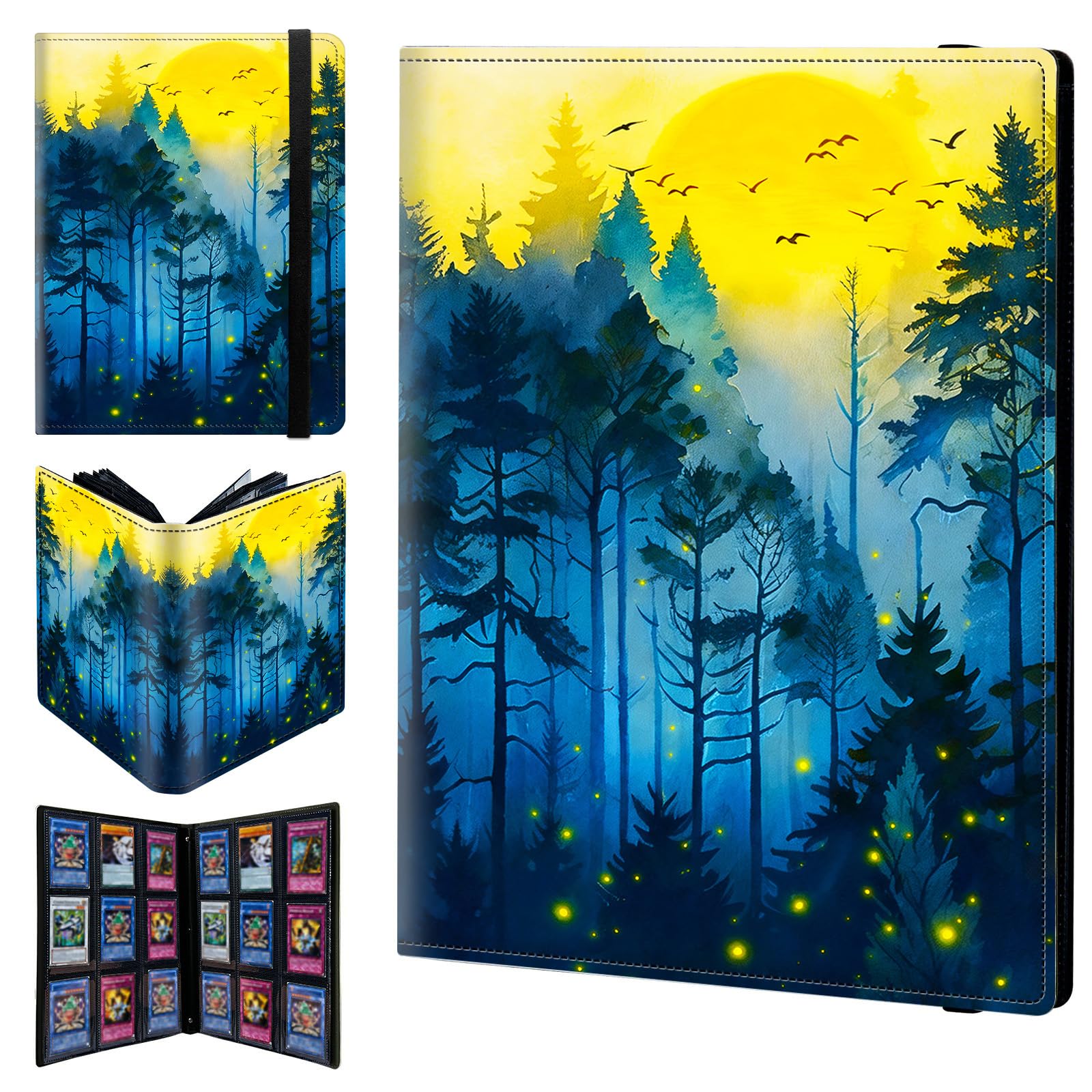 9 Pocket Trading Card Binder 720 Side Loading Pocket Album with Blue Watercolor Forest Pattern Design Card Binder for Sports Cards & Game Cards