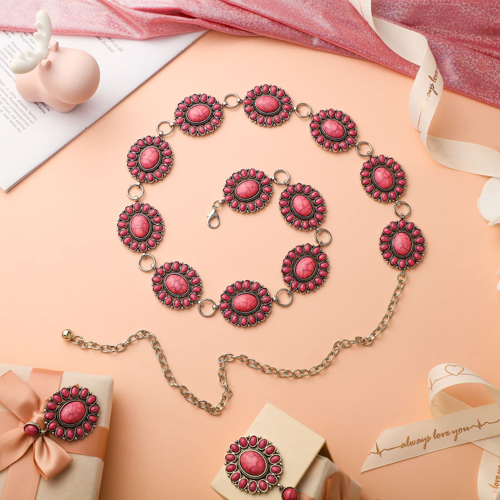 Cinturón de cadena de concha turquesa de metal occidental para mujer, estilo bohemio, 1.2 x 2 pulgadas, aretes de gota turquesa, [Metal, Turquesa artificial] 7
