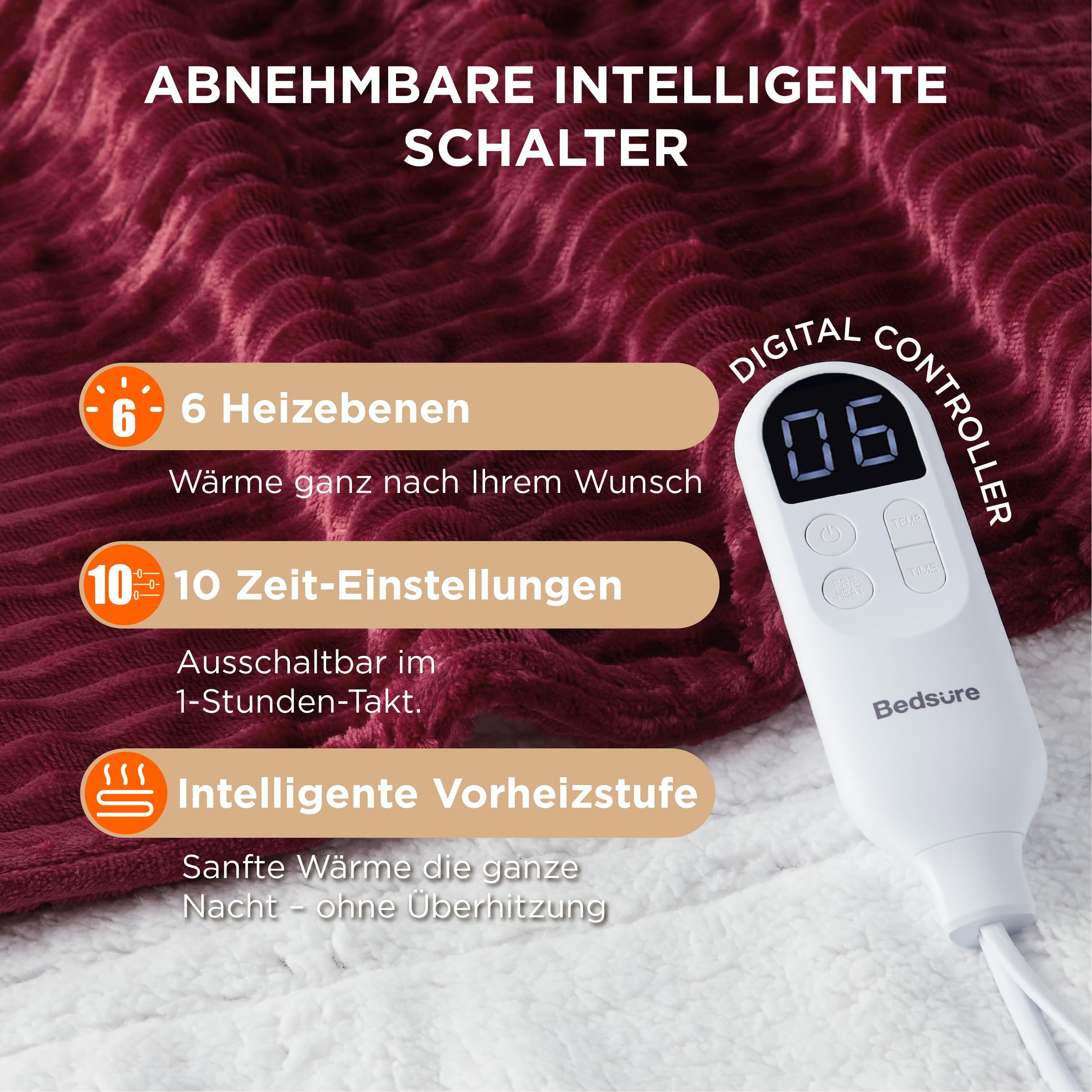BEDSURE Koc grzewczy z automatycznym wyłączaniem, prezent na Boże Narodzenie, dla kobiet, elektryczny koc z 6 stopniami ogrzewania i timerem 10-godzinnym, ochrona przed przegrzaniem do 8 godzin, 200 x