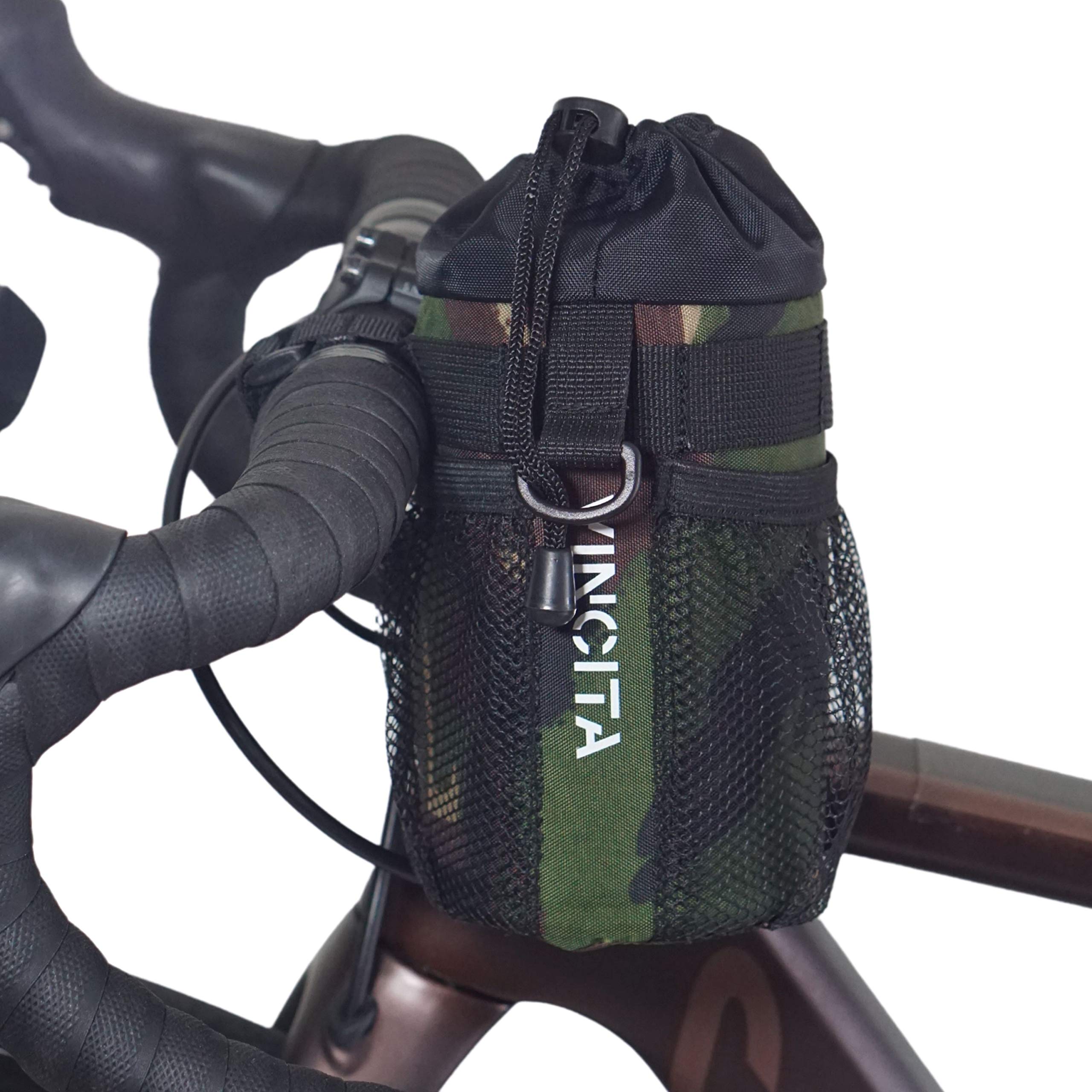 VincitaBike Water Bottle Holder Insulated Stem Bag Handlebar Attachment Cup Holder Food Snack Storage for Mountain Bike, Bicycles & Bikes Pushchair (Camouflage)