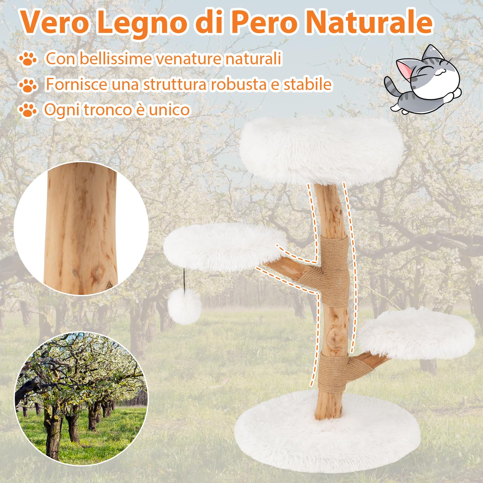 COSTWAY Albero per Gatti 90 cm, Torre per Gatti in Legno con Piattaforma in Tessuto in Pile Lungo, Tiragraffi in Juta e Pallina Pendente, Cuccia per Animali Domestici (Bianco)