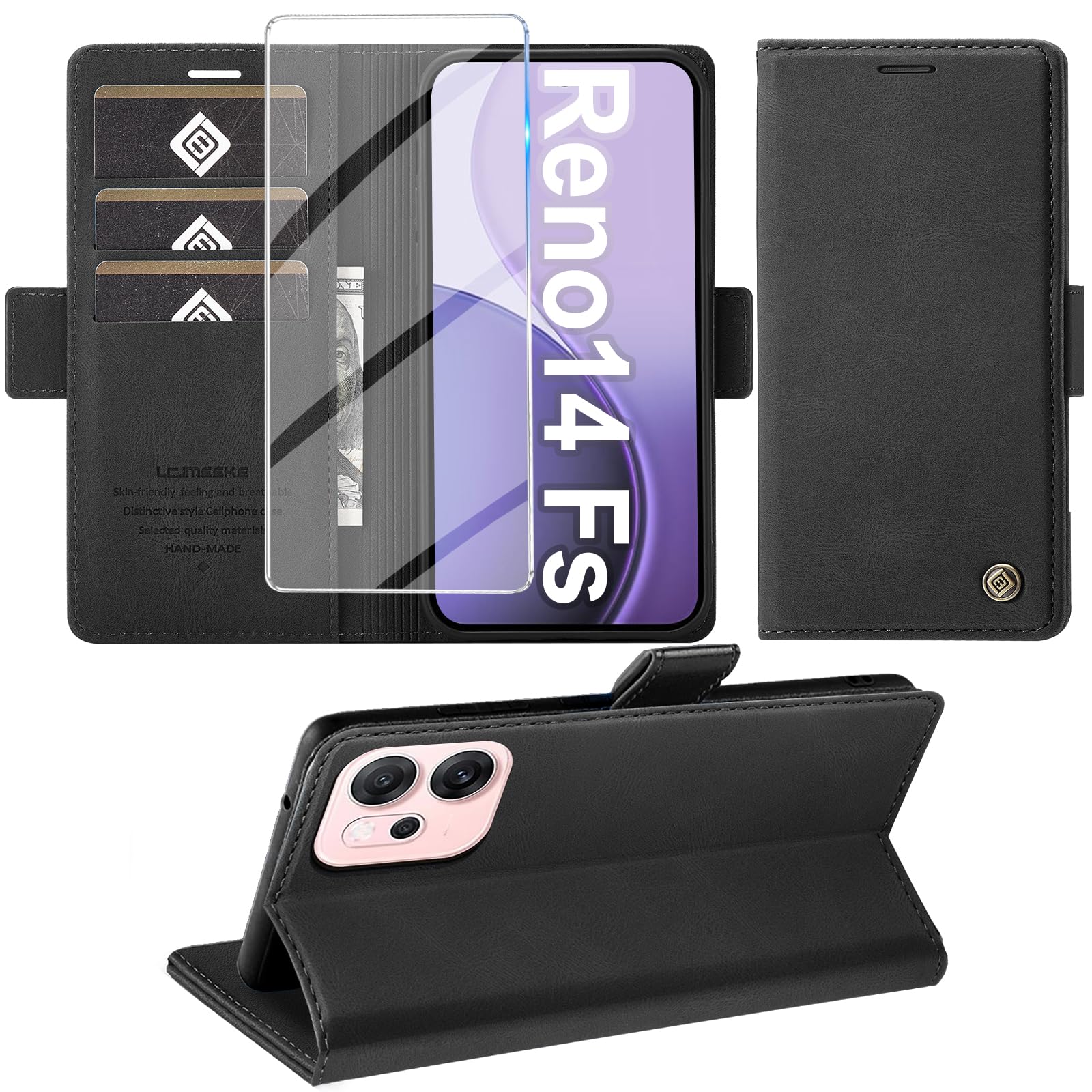Giyer Cover per OPPO Reno14 FS 5G Custodia con Vetro Temperato, Premium Pelle PU Portafoglio Slot per Scheda RFID Antifurto Funzione Supporto Flip Case, Antiurto per OPPO Reno14 FS Cover (Nero)