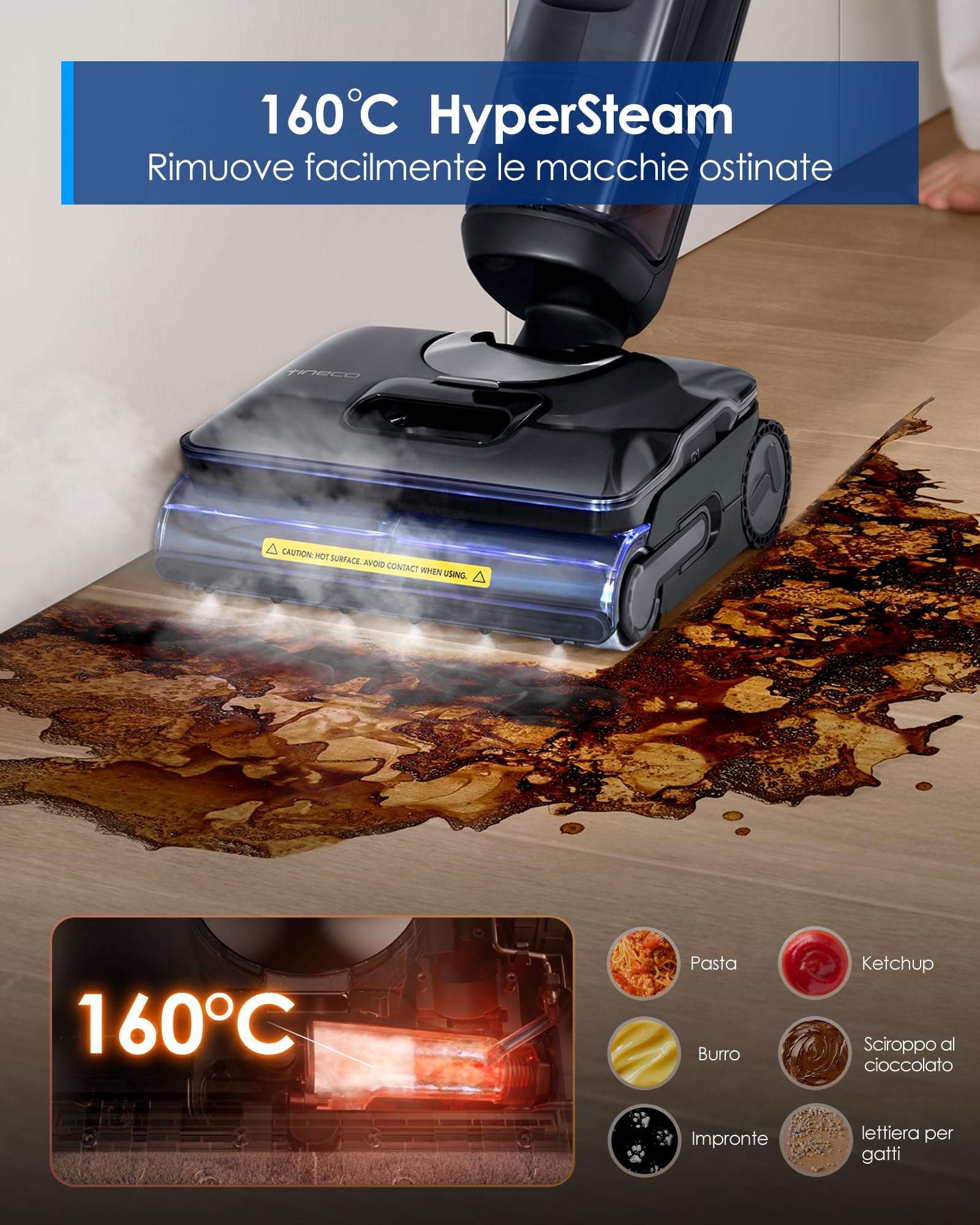 Tineco FLOOR ONE S7 Stretch Steam Lavapavimenti Aspirapolvere a Vapore Senza Fili, 160℃ HyperSteam, 180° Posizione Piana, Design Anti-Ingroppamento, Auto-pulizia FlashDry, Fino a 80 min di autonomia
