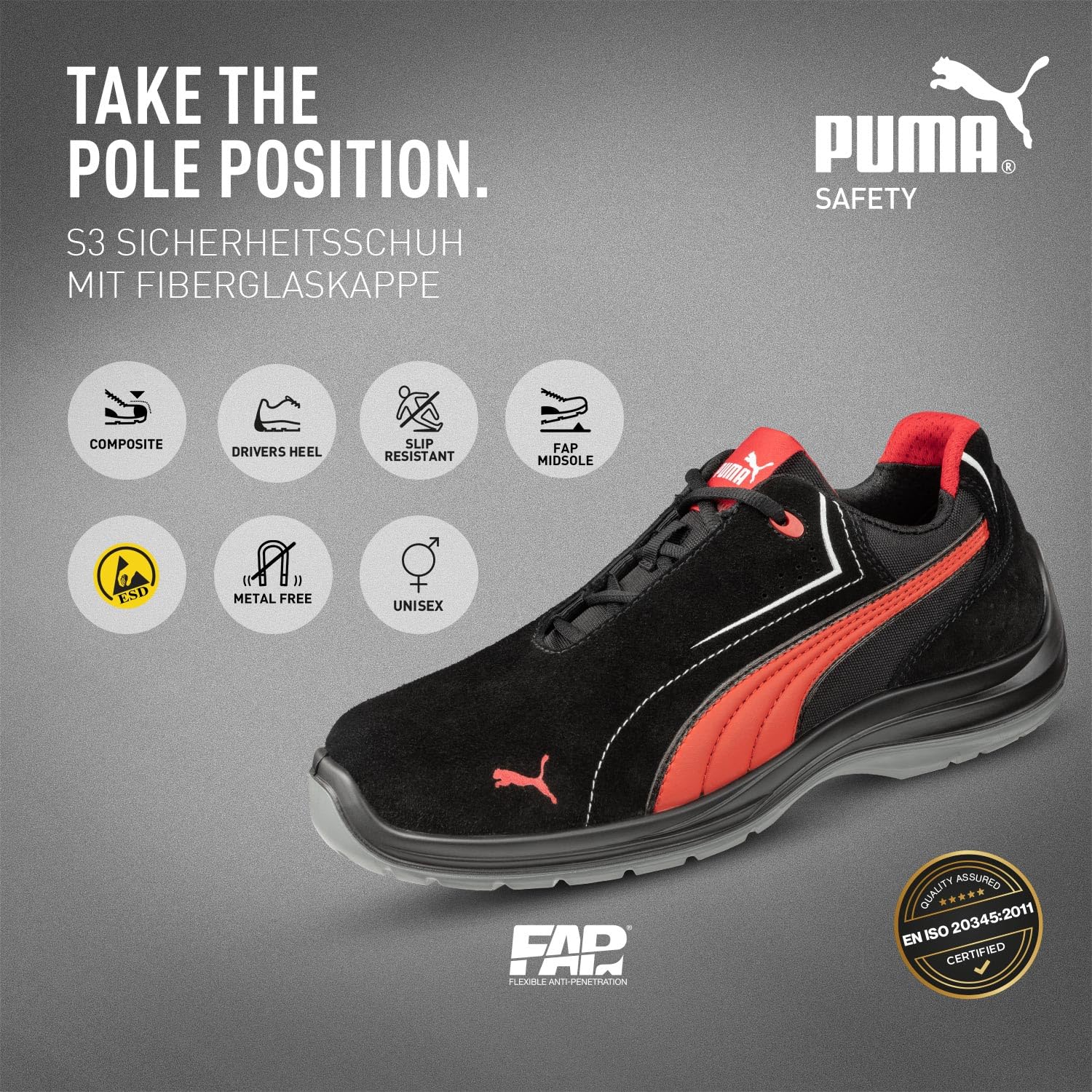 PUMA Safety Touring Black Suede Low Sicherheitsschuhe S3 ESD SRC mit Fiberglaskappe Sneaker Arbeitsschutzschuhe in Motor Sport Optik