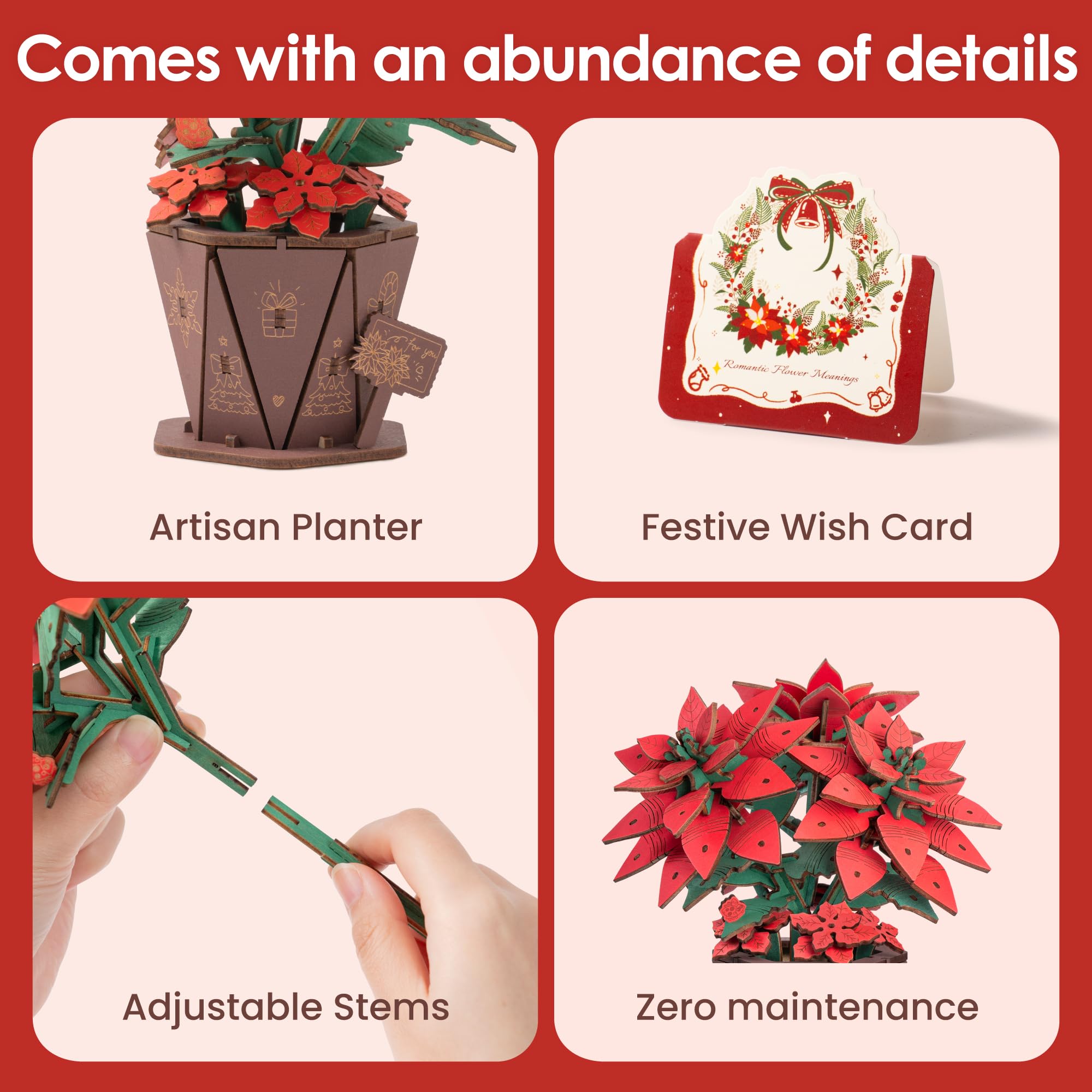 ROBOTIME 3D Puzzle Poinsettia, Wooden Artificial Flower Model Kits for Adults to Build Home Decor Accessories - Image 2