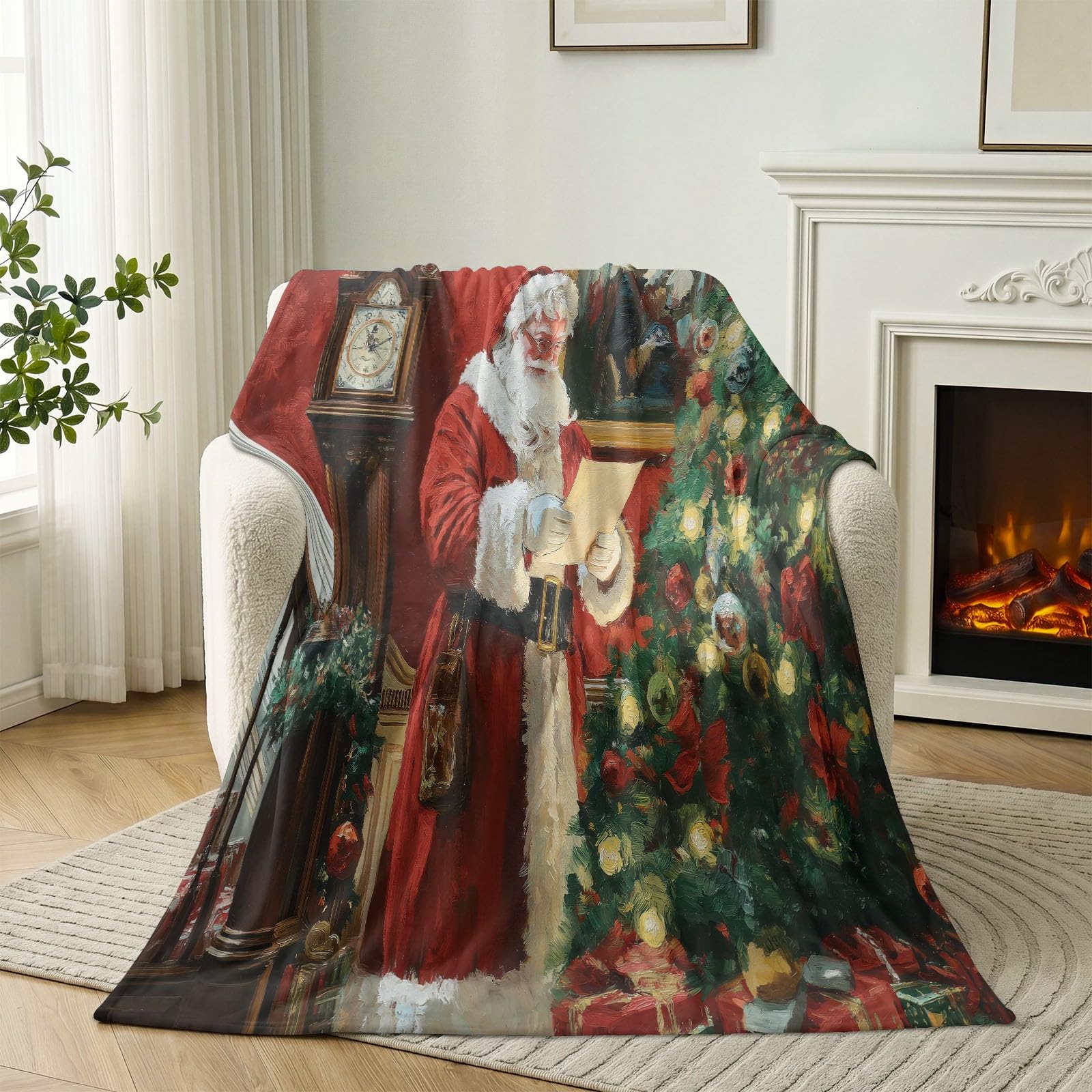 Coperta in flanella stampata, 180 x 220 cm, rossa, morbida, morbida, per Natale, festività, illustrazione, per casa, divano, sedia, viaggi, tradizionale fiocco di Babbo Natale