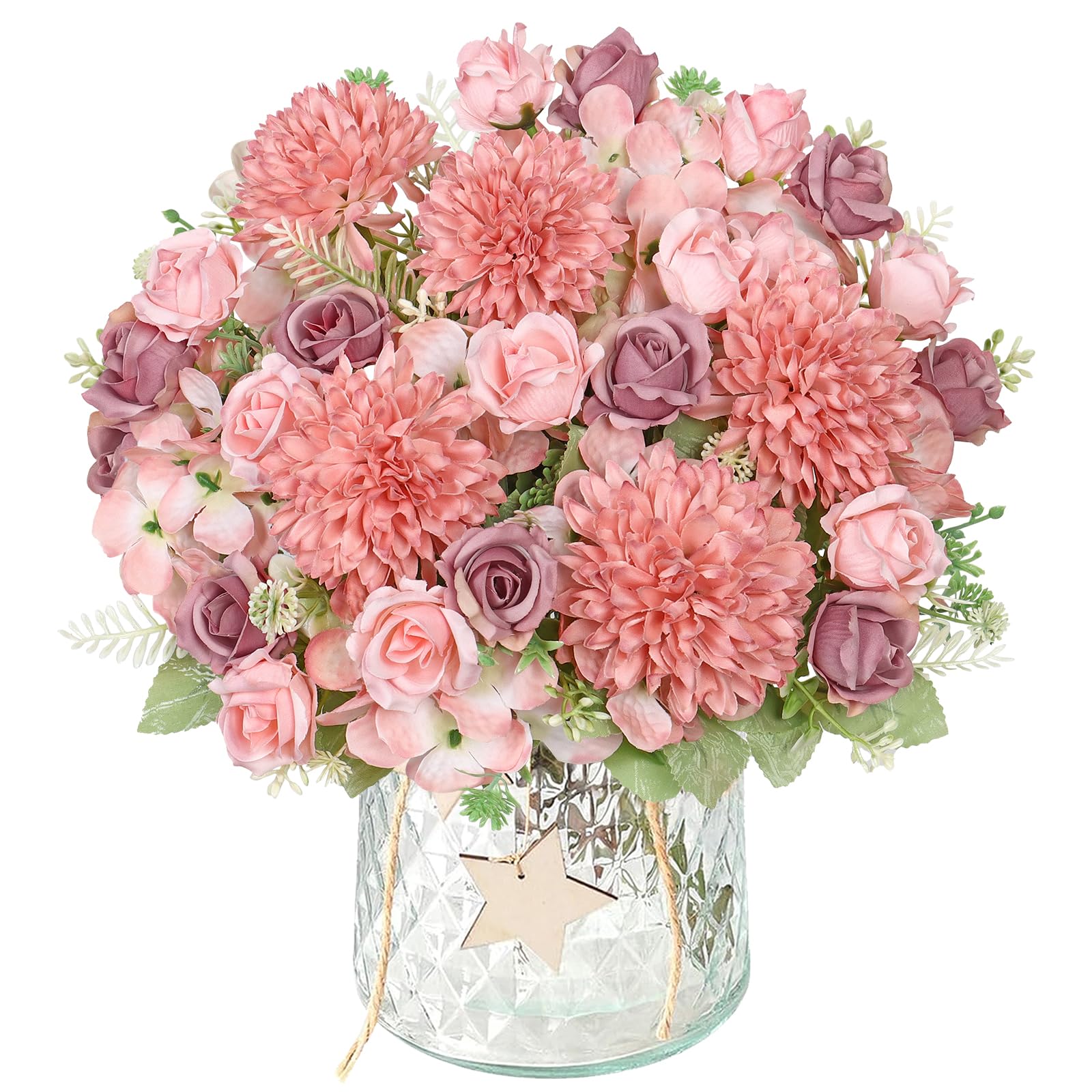 DEMIUKO 2 Bunches Artificial Flowers Pink Hydrangea Fake Roses Flowers Bouquet 12in Faux Silk Flowers Arrangement Indoor Floral Plants for Wedding Party Table Centerpieces Spring Home Vase Decor