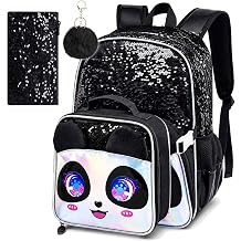 3Pcs Panda Backpack for Girls, 16 Inch Reversible Sequin Backpacks Set with Hangable Lunch Box, Kids School Bookbag for Elementary Preschool Kindergarten Black