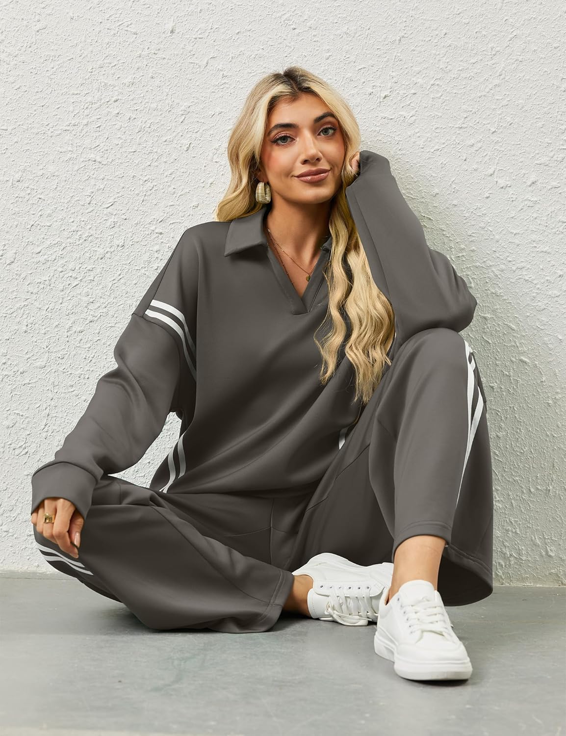 SHESHOW Lounge Sets for Women V-Neck Tracksuit 2-Stripes Wide Leg Pants 2 Piece Outfit Women Sweatsuits with Pockets XS-XXL