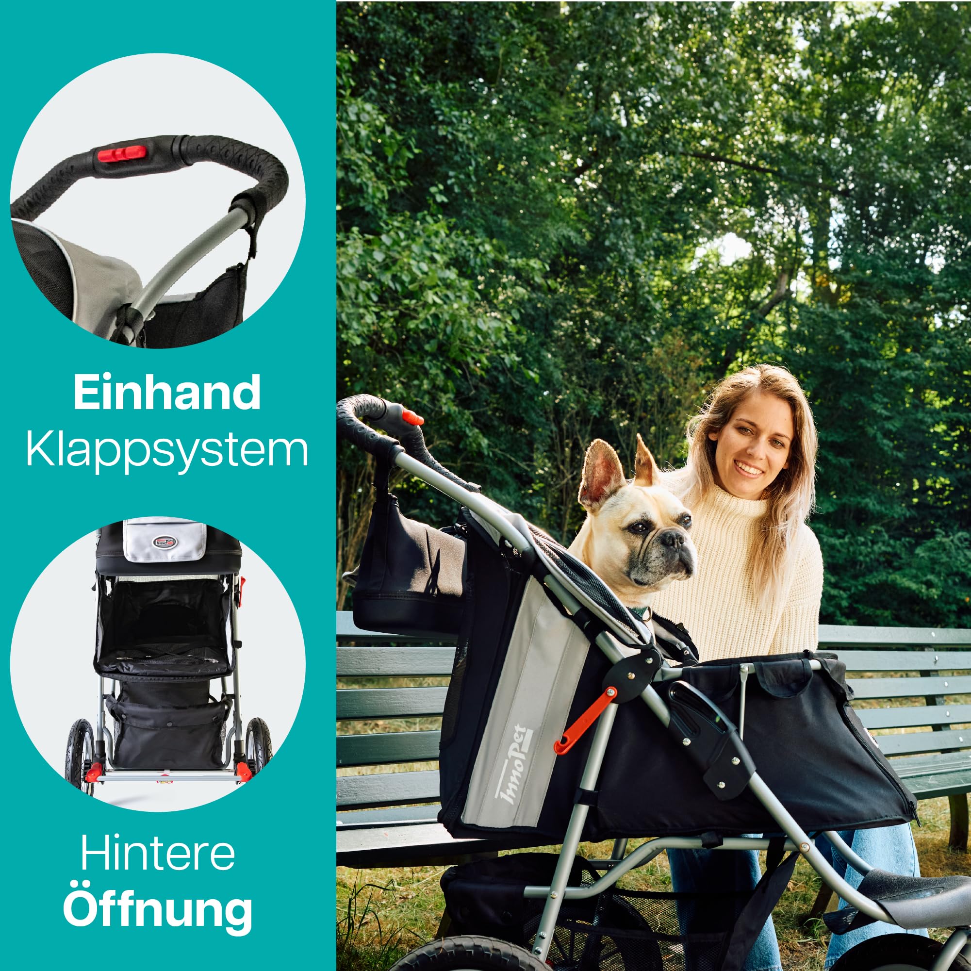 Hundebuggy Innopet Comfort Air Eco Schwarz/Silber – Hundewagen Katzenwagen mit 30cm Luftreifen, einhändig faltbar, für Waldwege geeignet – reflektierende Streifen, Organizer Vorderrad fixierbar