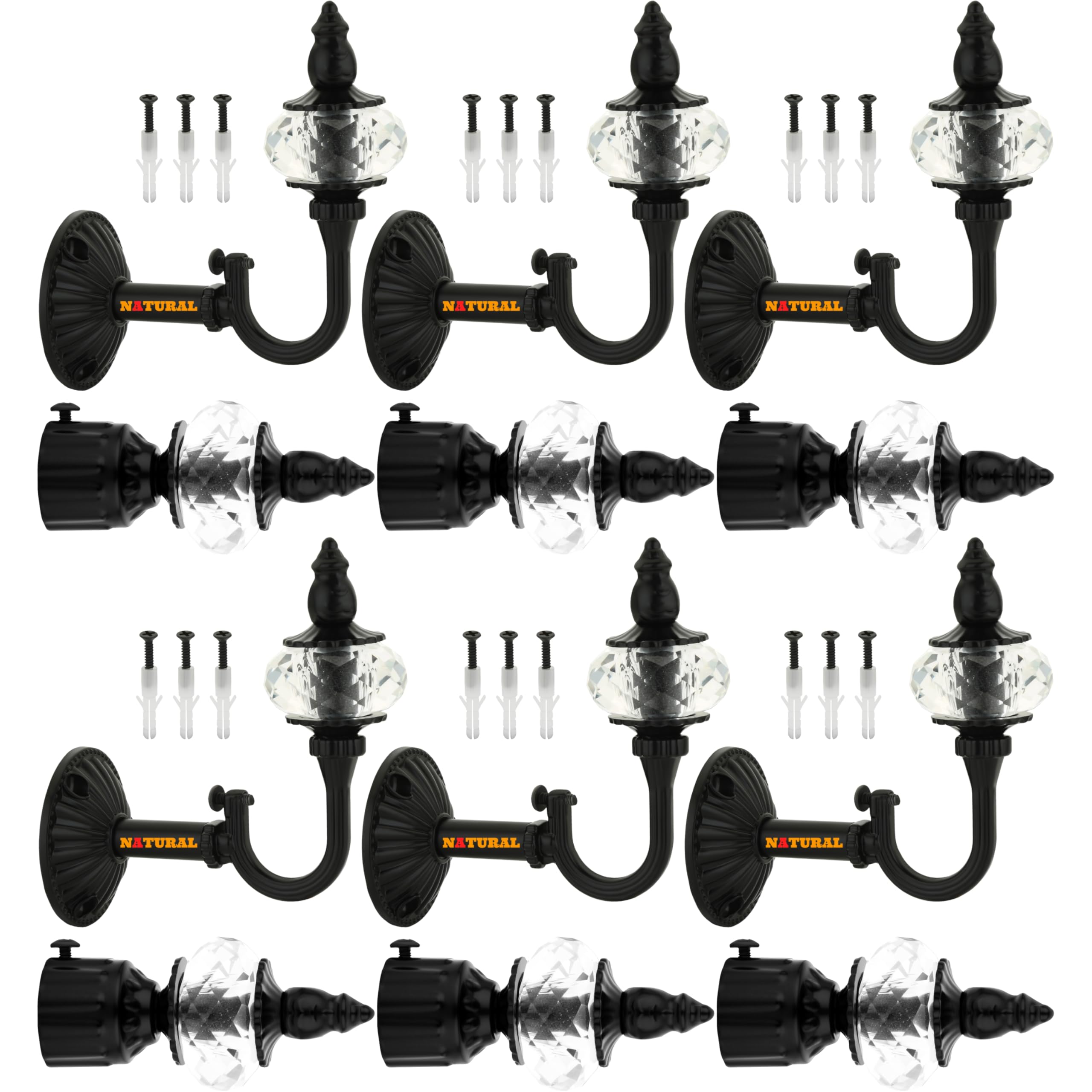 NATURAL Heavy Duty Aluminum Royal Luxury Design Curtain Bracket/Finial and Curtain Support with Screw/Wallplug for Window & Door Curtain Fittings Suitable Upto 1 Inch Pipe. (6 Set, Black MATT)
