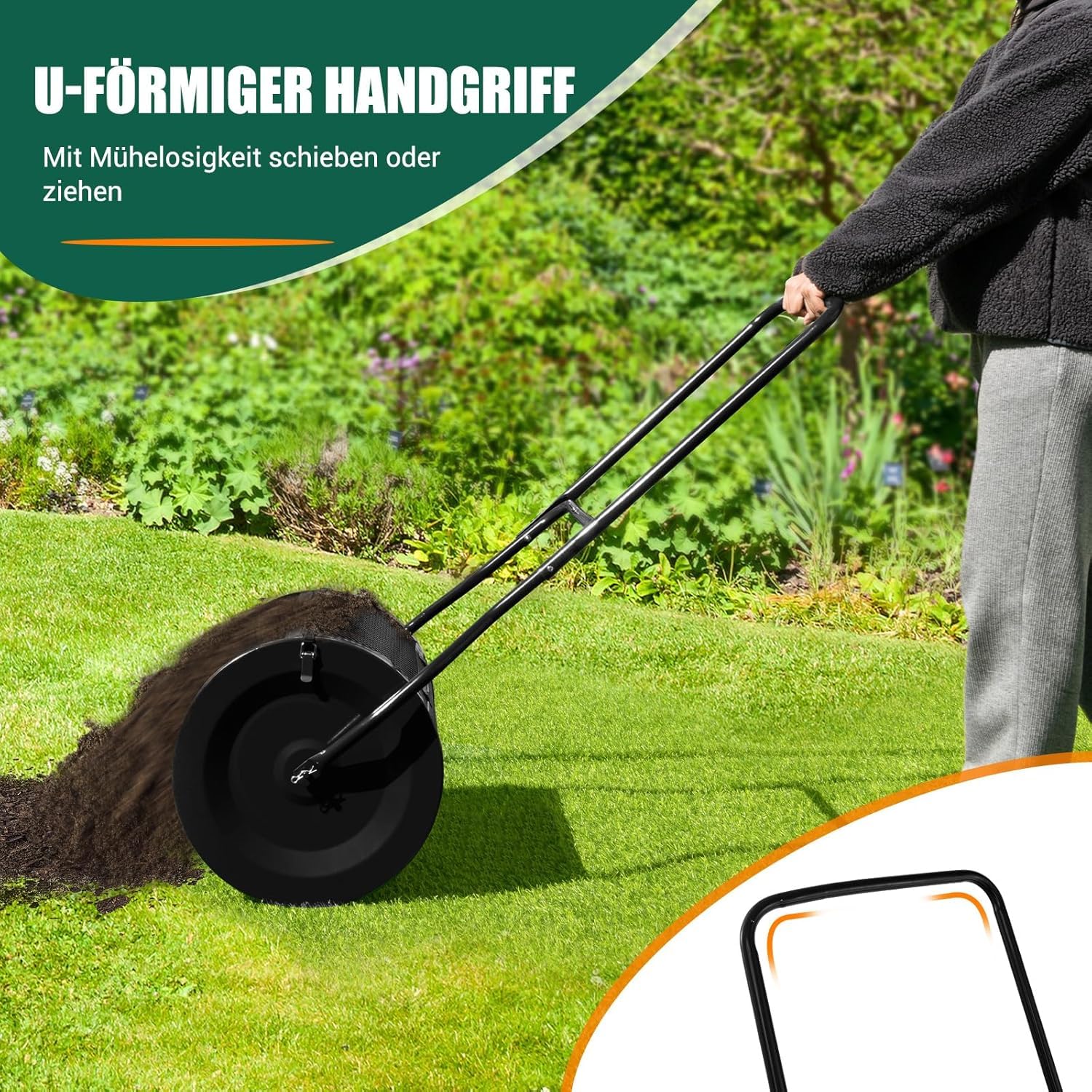 FANTASK Kompoststreuer 80L, Torfstreuer mit U-Griff, Düngerstreuer Rasen Garten, Gartenstreuer für Dünger & Setzlinge, Schwarz