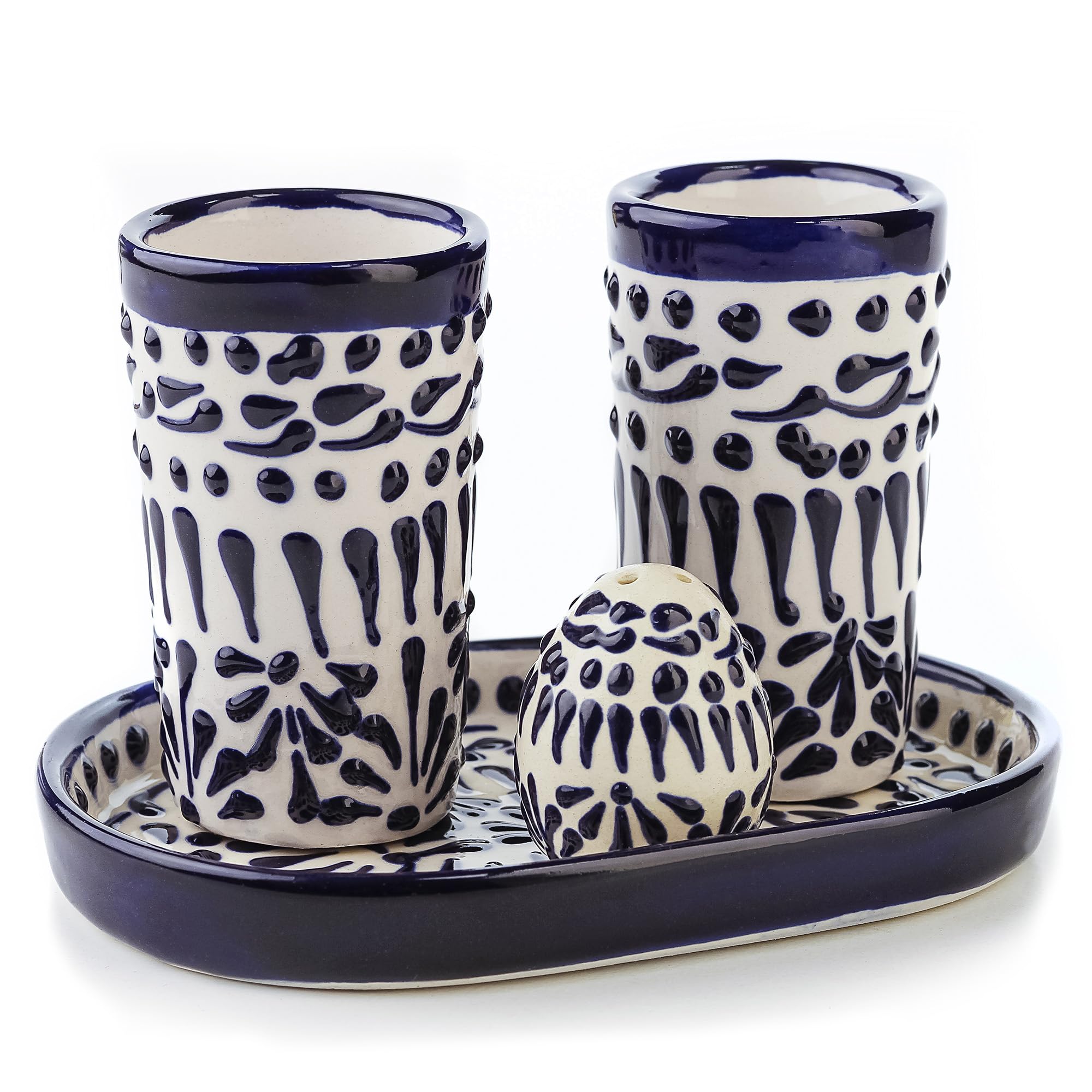MEXTEQUIL Talavera Tequila Shot Glasses with Tray & Salt Shaker (Set of 2) - Hand-Painted Authentic Mexican Gift Set (Blue Lace)
