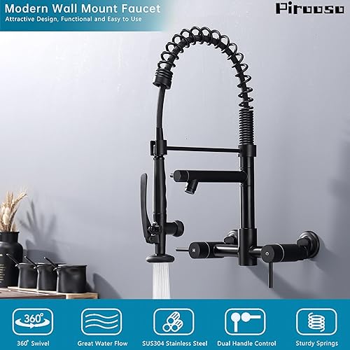 Miniatura 2 de Grifo de montaje en pared de cocina, grifo de montaje en pared central de 8 pulgadas con pulverizador de preenjuague y relleno de olla, grifo de