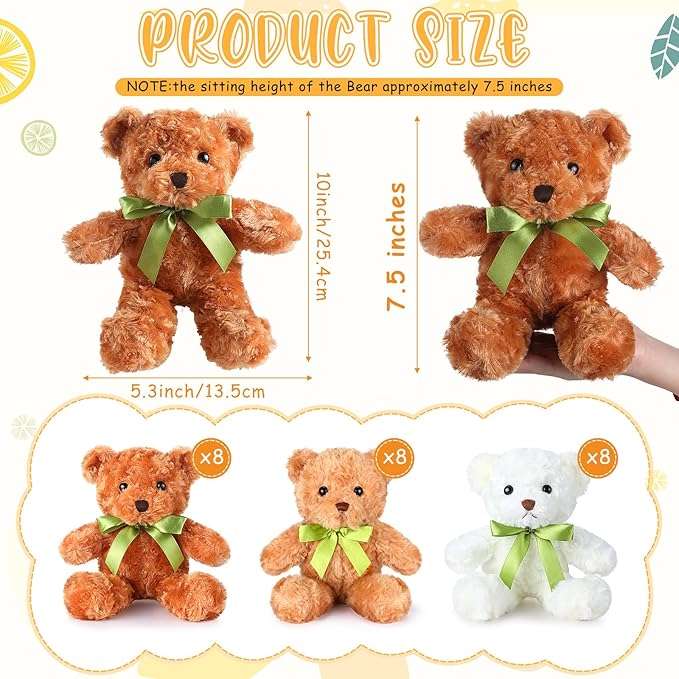Lote de 24 Osos de Peluche Suaves 10 Pulgadas Oso con Moño Verde miniatura 3